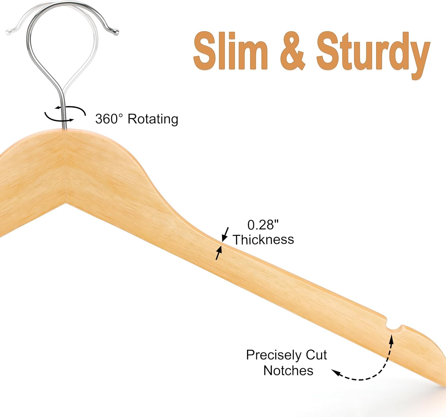 TOPIA HANGER Wooden Hangers 30 Pack, 0.28-inch Slim & Durable Clothes Hangers Space Saving, Natural Wood Hanger with 360°Swivel Hook and Non-Slip Shoulder Notches for Coat,Shirt, Camisole, Dress-CT51N - Image 3