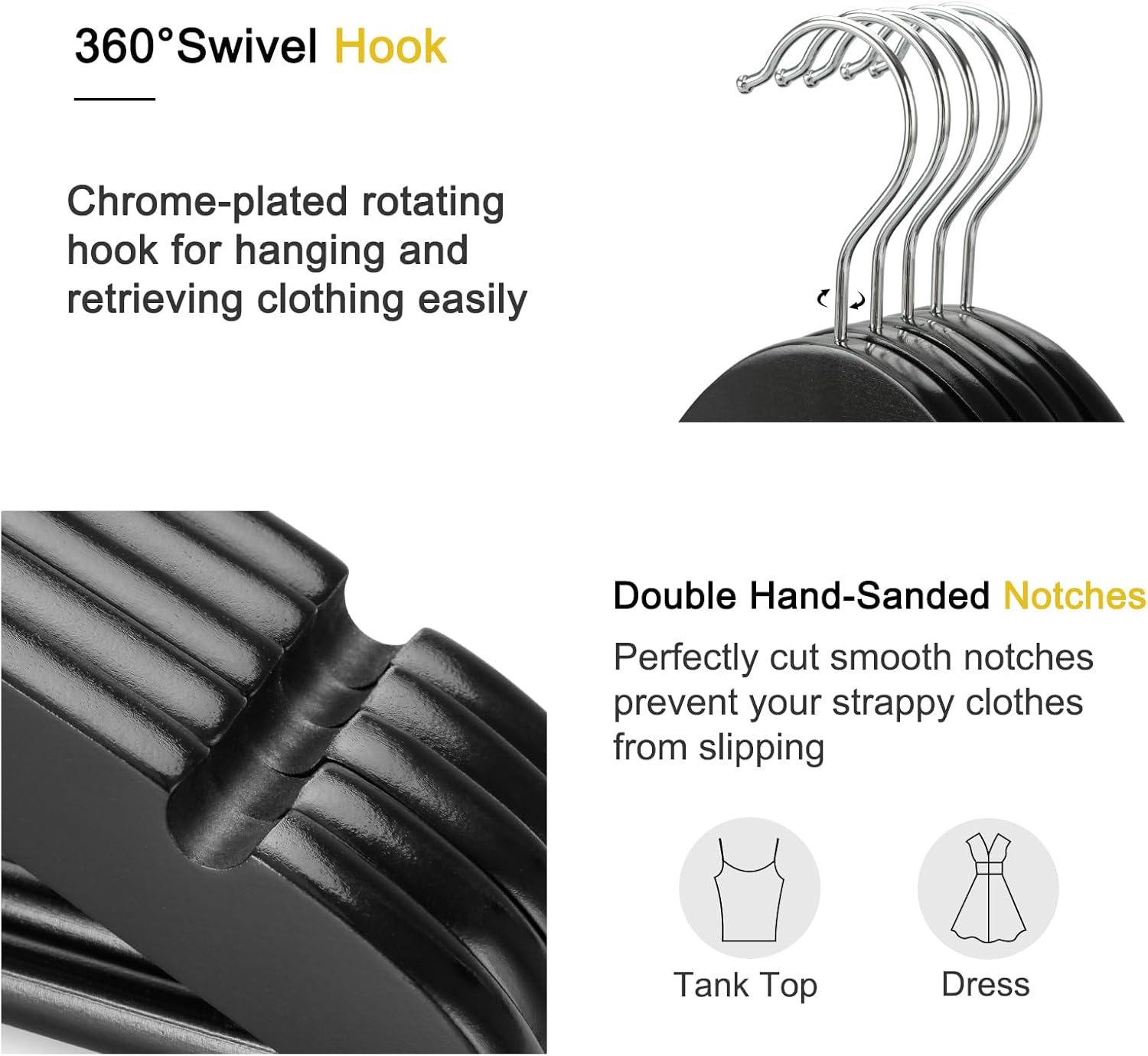 TOPIA HANGER Wooden Coat Hangers 30 Pack, Black Wood Suit Hangers, 360° Swivel Hook and Non-Slip Shoulder Notches for Camisole, Jacket, Pant, Shirt, Smooth Finished Clothes Hangers -CT54B30 - Image 3