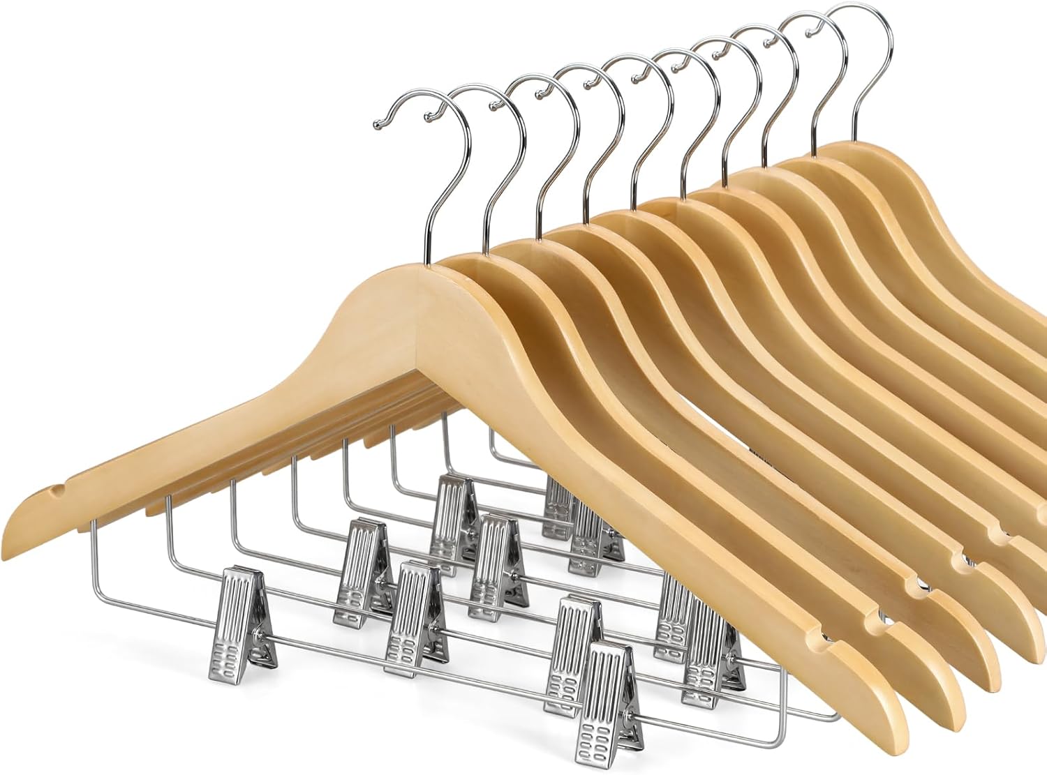 TOPIA HANGER Wooden Hangers with Adjustable Metal Clips and 360° Swivel Hook, Premium Wood Clothes Hangers 10 Pack for Suit, Pant, Skirt, Jeans, Coat, Jacket-CT28N - Image 1