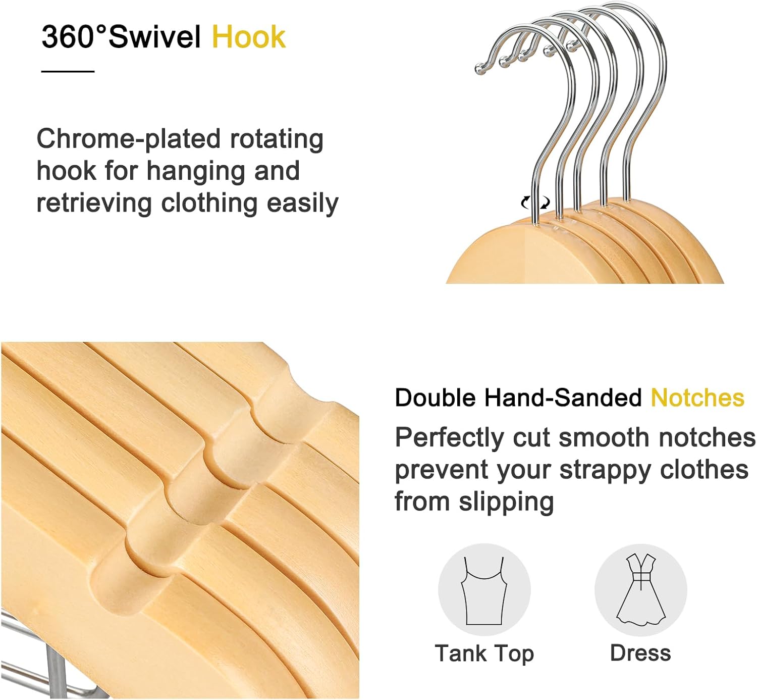TOPIA HANGER Wooden Hangers with Adjustable Metal Clips and 360° Swivel Hook, Premium Wood Clothes Hangers 10 Pack for Suit, Pant, Skirt, Jeans, Coat, Jacket-CT28N - Image 5