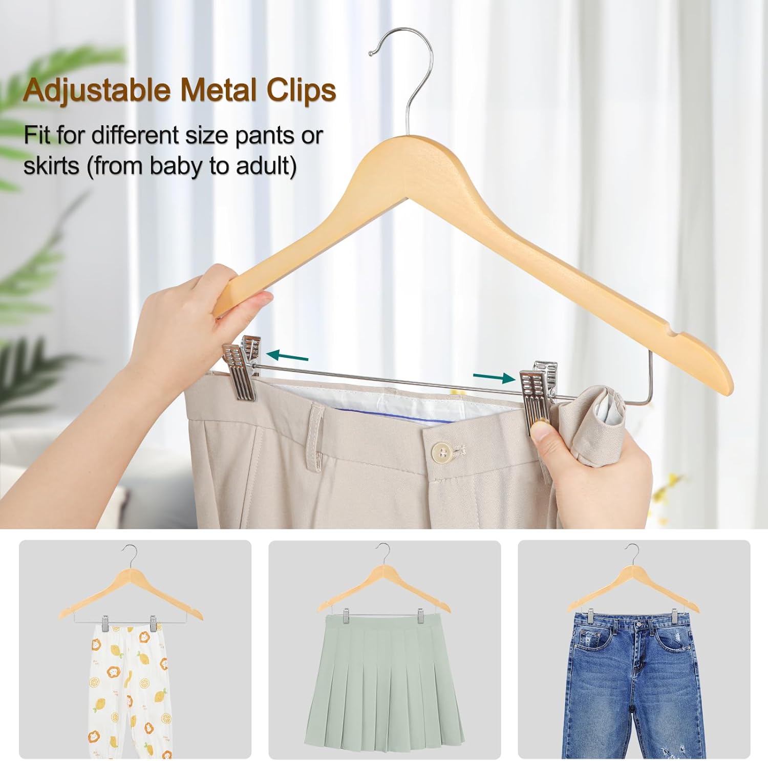 TOPIA HANGER Wooden Hangers with Adjustable Metal Clips and 360° Swivel Hook, Premium Wood Clothes Hangers 10 Pack for Suit, Pant, Skirt, Jeans, Coat, Jacket-CT28N - Image 6