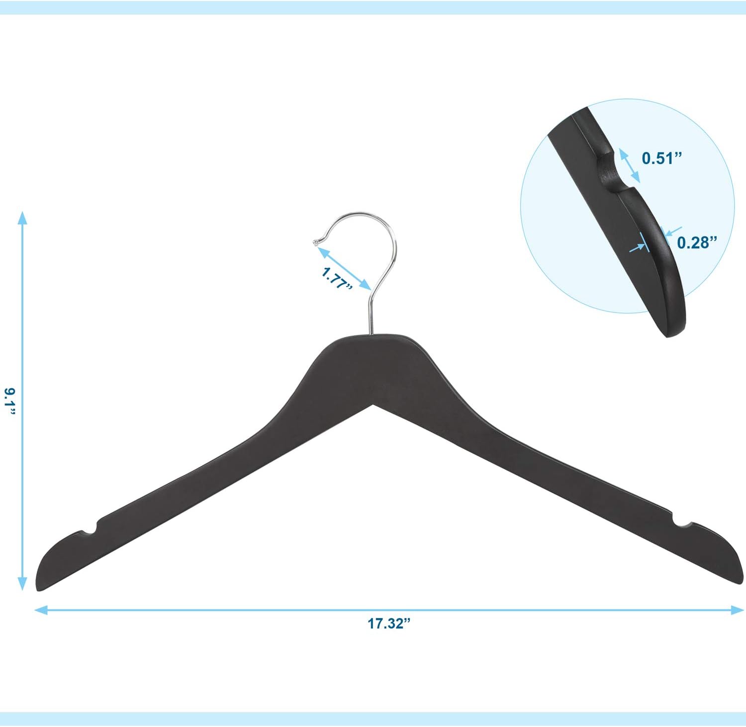 TOPIA HANGER Black Wooden Hangers 30 Pack, 0.28-inch Thick Slim Wood Clothes Hanger with Flat Design and Smooth Notches, Lightweight Space Saving Hangers for Shirt, Coat, Camisole-CT31B - Image 3