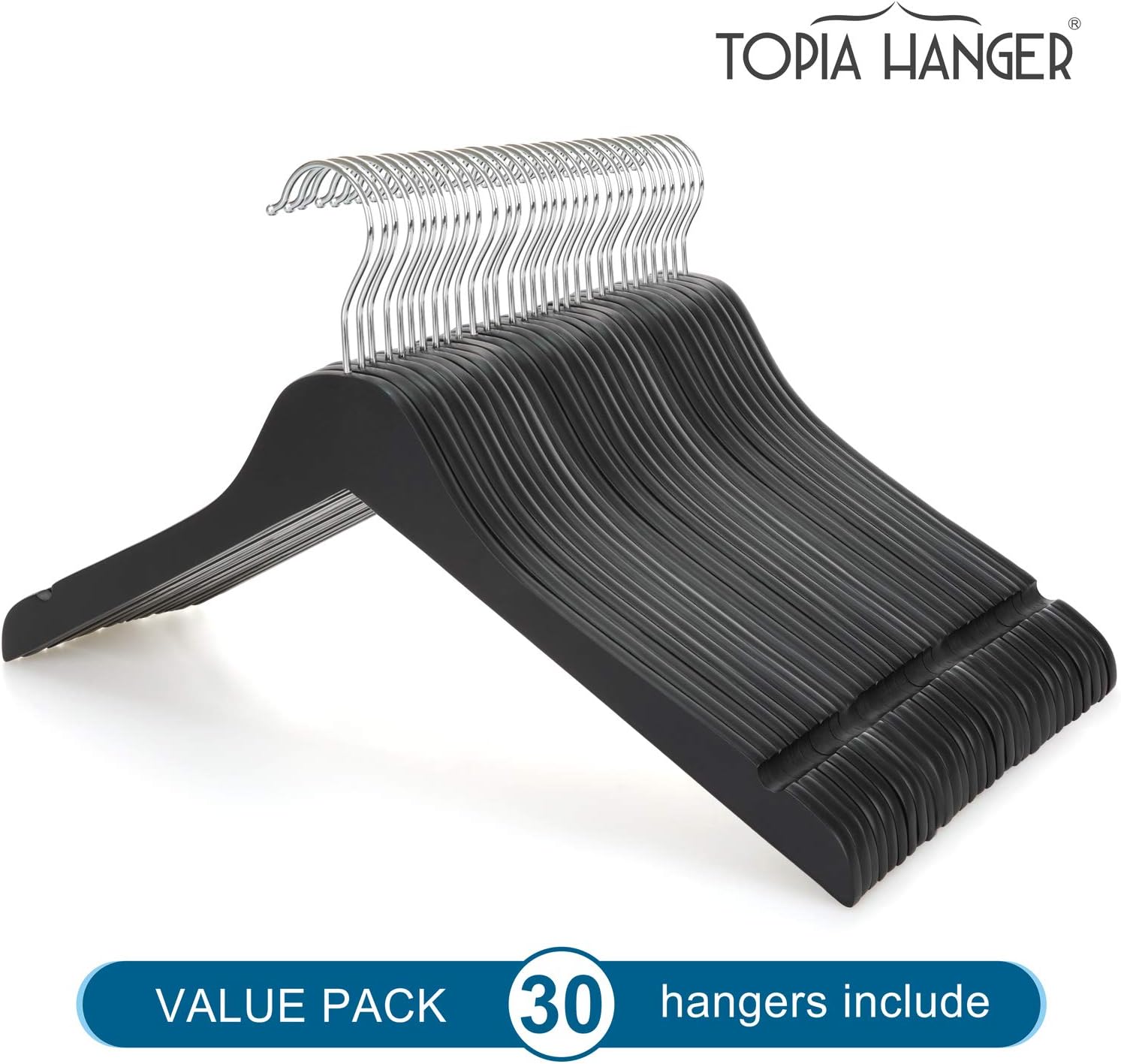 TOPIA HANGER Black Wooden Hangers 30 Pack, 0.28-inch Thick Slim Wood Clothes Hanger with Flat Design and Smooth Notches, Lightweight Space Saving Hangers for Shirt, Coat, Camisole-CT31B - Image 7