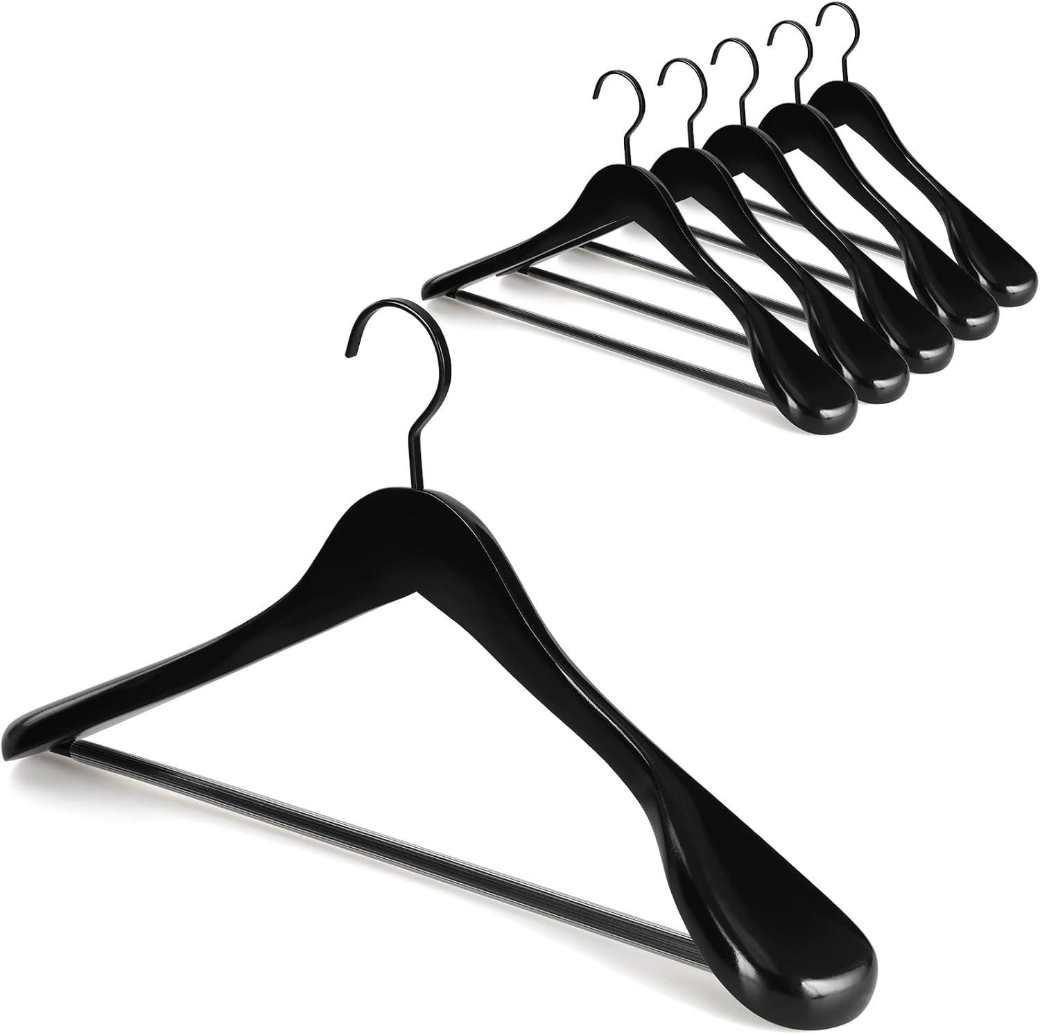 TOPIA HANGER Black Wooden Coat Hanger 6 Pack, Wide Shoulder Wood Suit Hangers with Extra-Thick Flat Hooks & Anti-Slip Pants Bar, Heavy Duty Clothes Hangers,Glossy Finish, Black-CT02H - Image 1