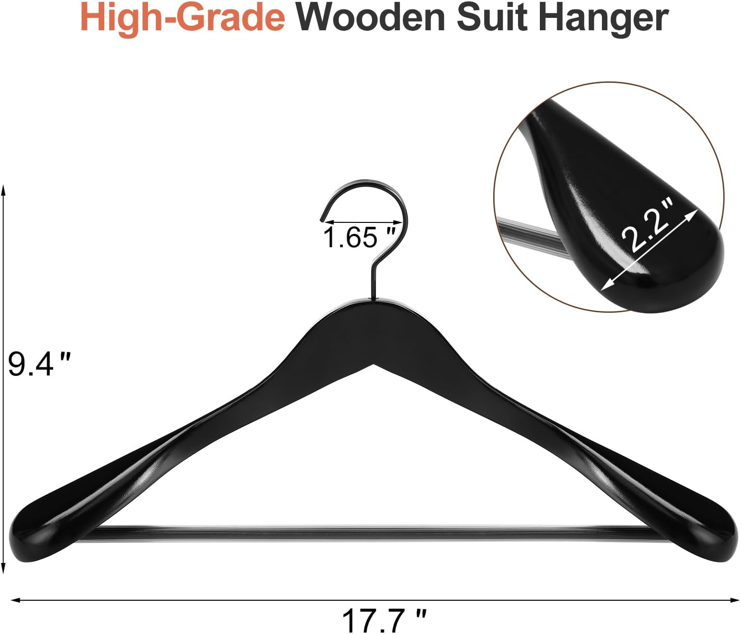 TOPIA HANGER Black Wooden Coat Hanger 6 Pack, Wide Shoulder Wood Suit Hangers with Extra-Thick Flat Hooks & Anti-Slip Pants Bar, Heavy Duty Clothes Hangers,Glossy Finish, Black-CT02H - Image 2