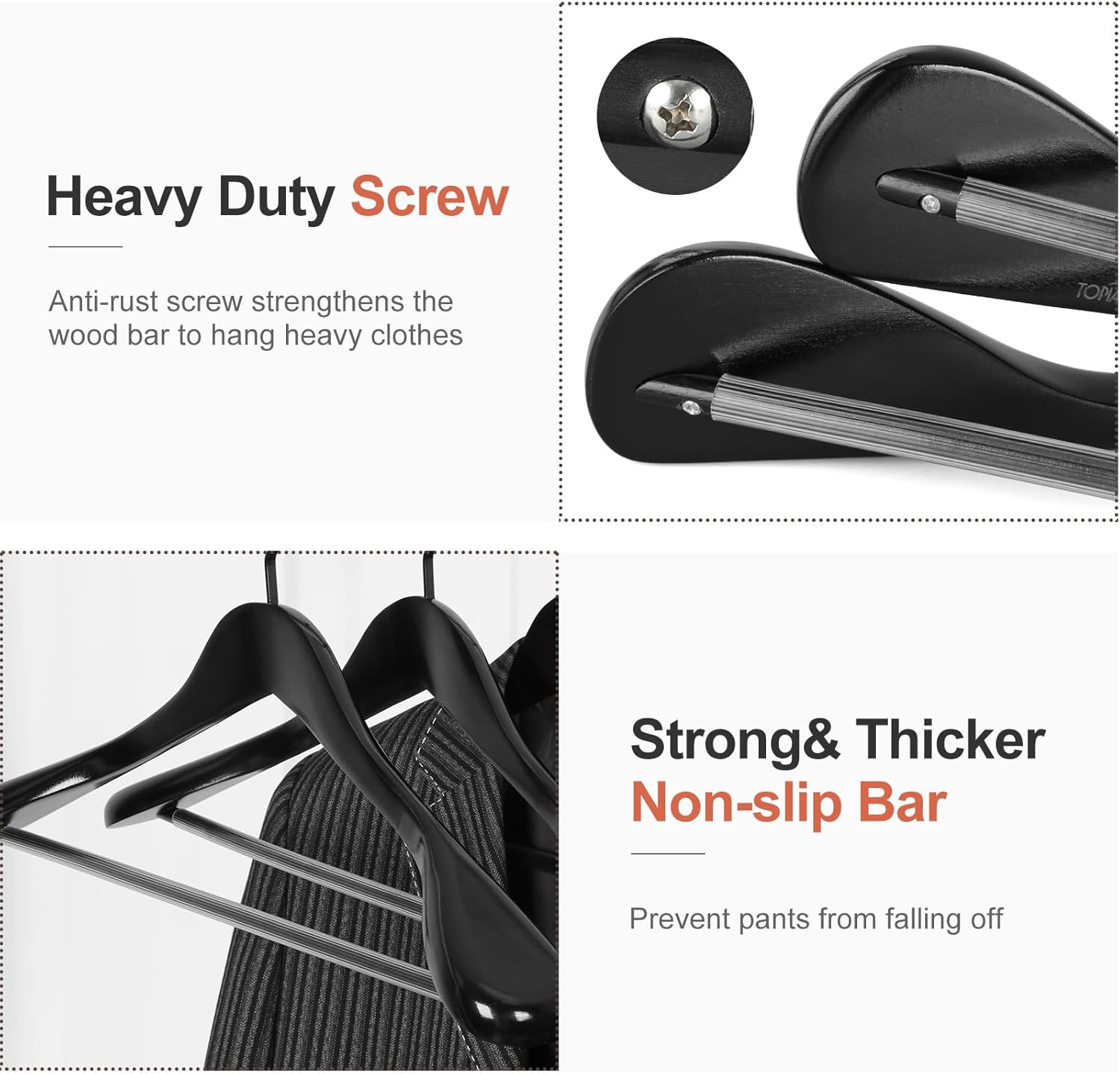 TOPIA HANGER Black Wooden Coat Hanger 6 Pack, Wide Shoulder Wood Suit Hangers with Extra-Thick Flat Hooks & Anti-Slip Pants Bar, Heavy Duty Clothes Hangers,Glossy Finish, Black-CT02H - Image 3