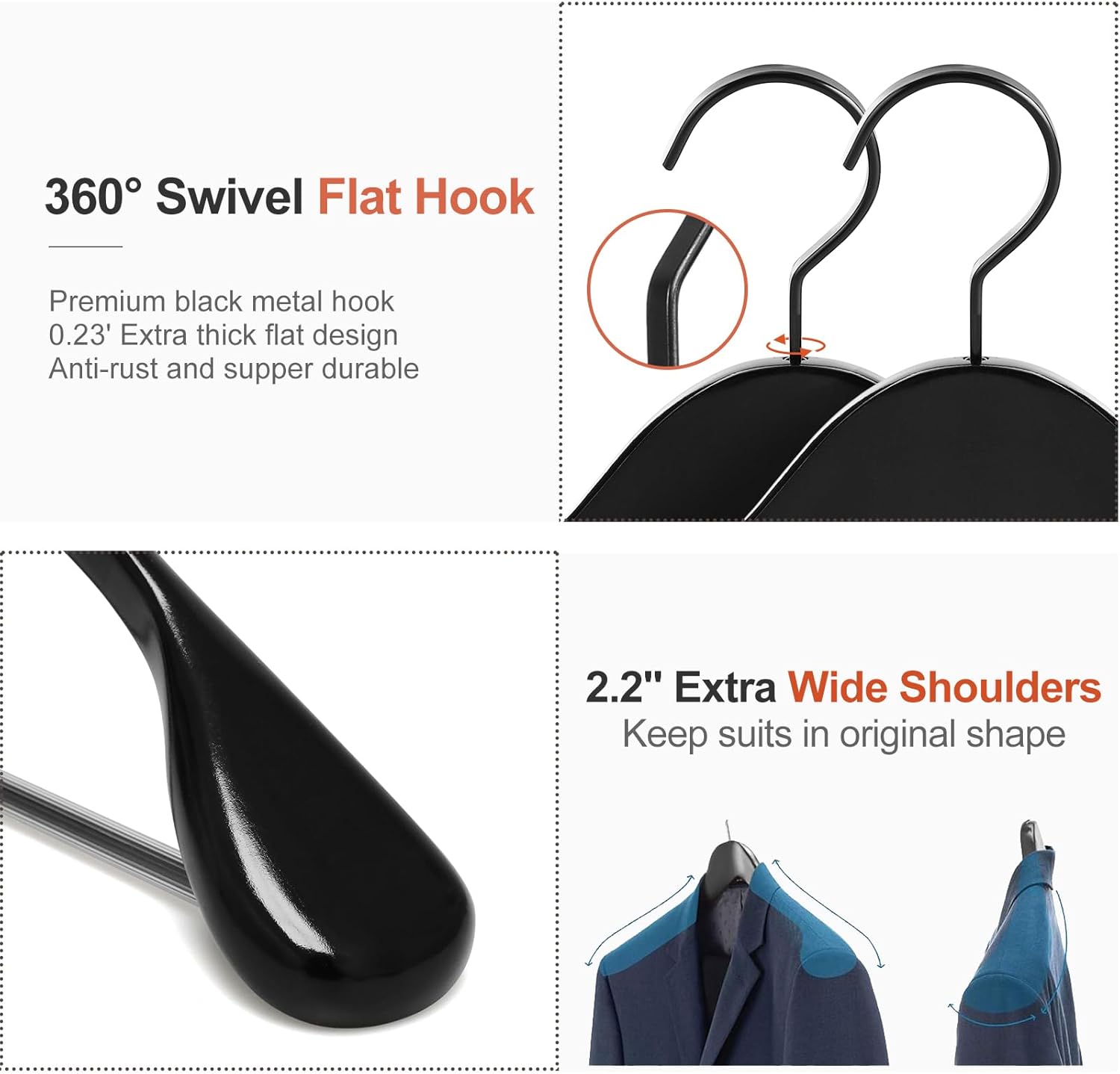 TOPIA HANGER Black Wooden Coat Hanger 6 Pack, Wide Shoulder Wood Suit Hangers with Extra-Thick Flat Hooks & Anti-Slip Pants Bar, Heavy Duty Clothes Hangers,Glossy Finish, Black-CT02H - Image 4
