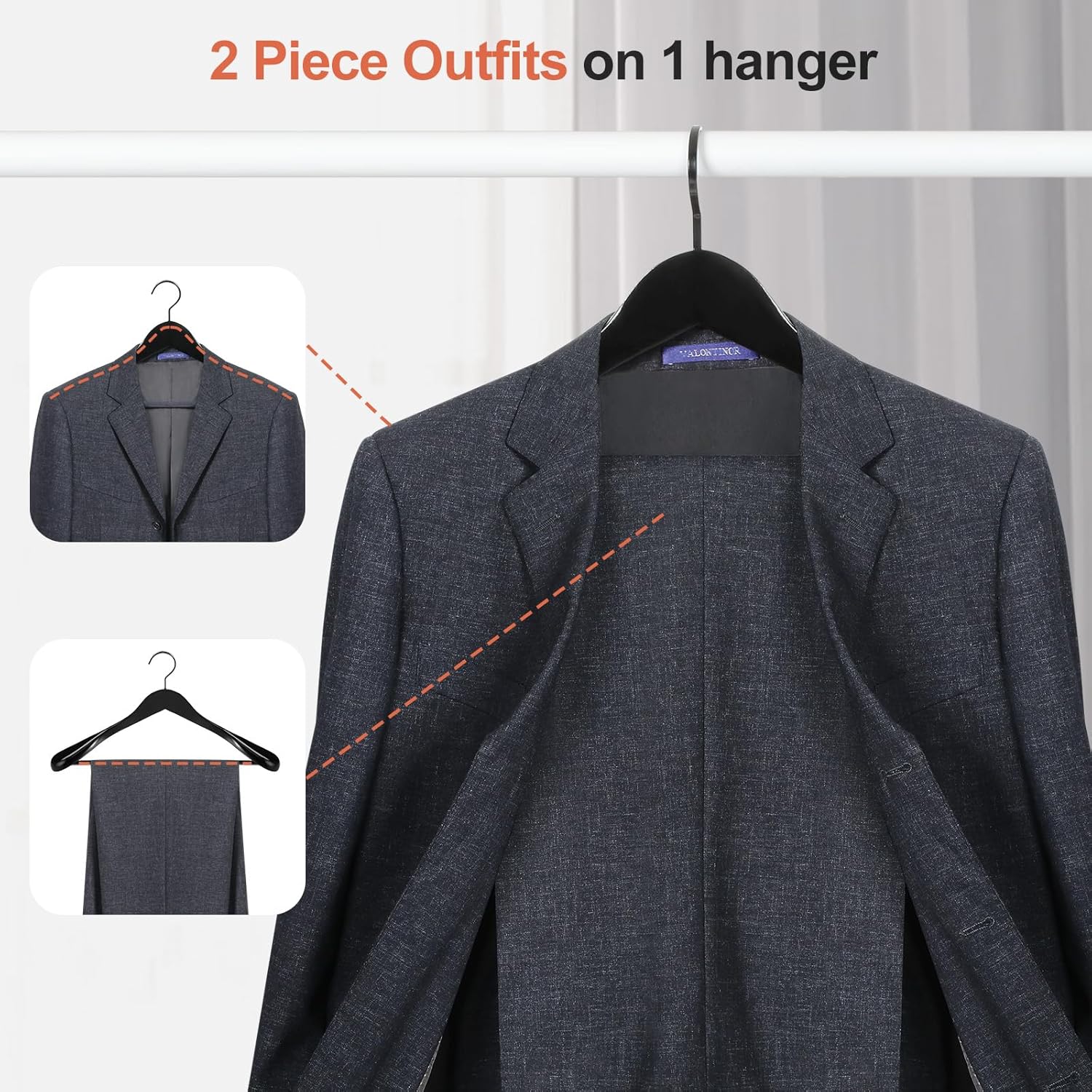 TOPIA HANGER Black Wooden Coat Hanger 6 Pack, Wide Shoulder Wood Suit Hangers with Extra-Thick Flat Hooks & Anti-Slip Pants Bar, Heavy Duty Clothes Hangers,Glossy Finish, Black-CT02H - Image 5