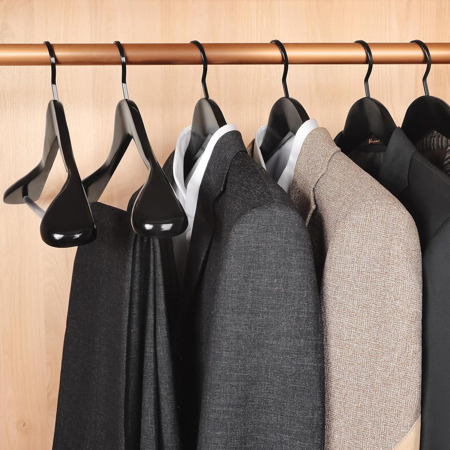 TOPIA HANGER Black Wooden Coat Hanger 6 Pack, Wide Shoulder Wood Suit Hangers with Extra-Thick Flat Hooks & Anti-Slip Pants Bar, Heavy Duty Clothes Hangers,Glossy Finish, Black-CT02H - Image 6