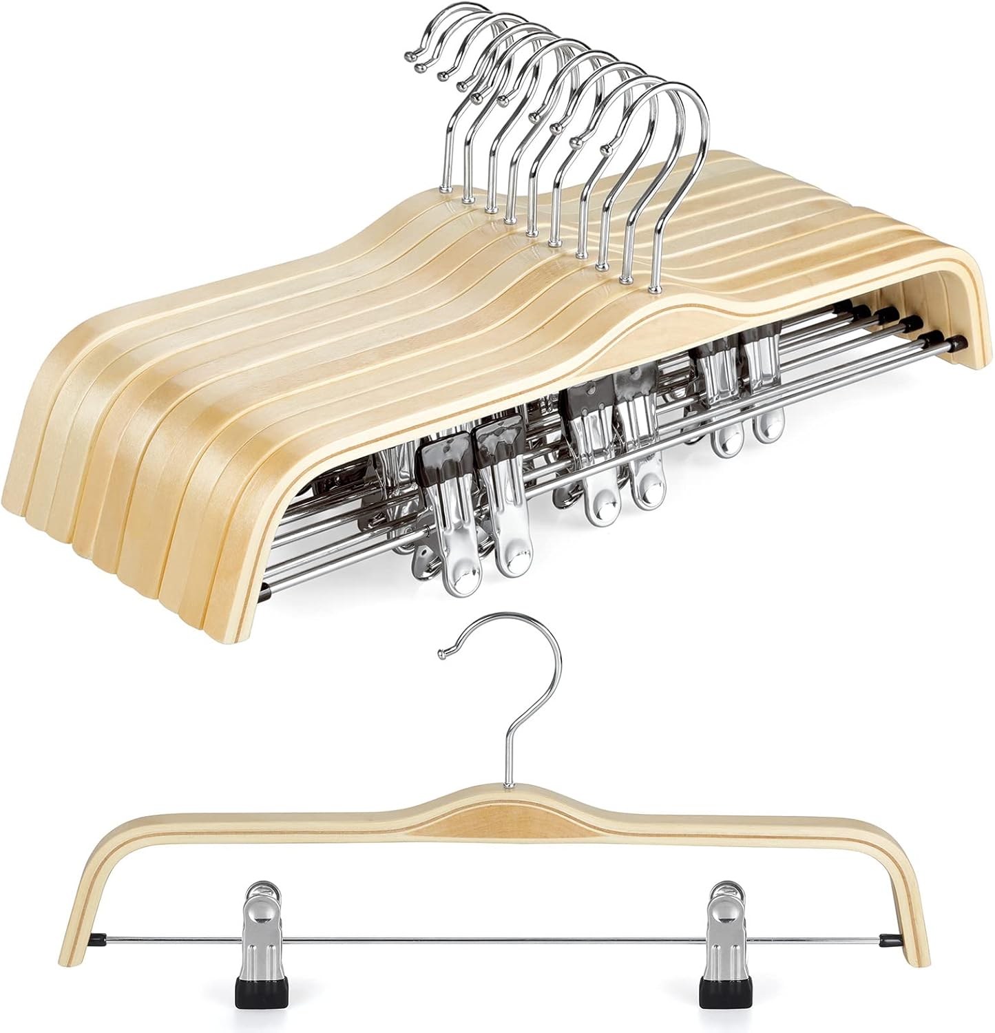 TOPIA HANGER Wooden Pants Hangers,Slim Natural Wood Skirt Hangers with Anti-Rust Hook and Adjustable Metal Clips, Perfect for Skirts, Pants, Slacks-10 Pack-CT17N - Image 1