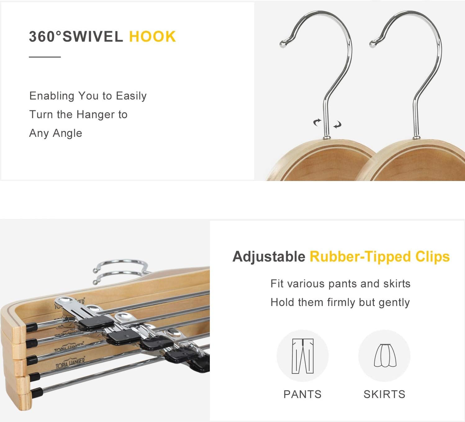 TOPIA HANGER Wooden Pants Hangers,Slim Natural Wood Skirt Hangers with Anti-Rust Hook and Adjustable Metal Clips, Perfect for Skirts, Pants, Slacks-10 Pack-CT17N - Image 3