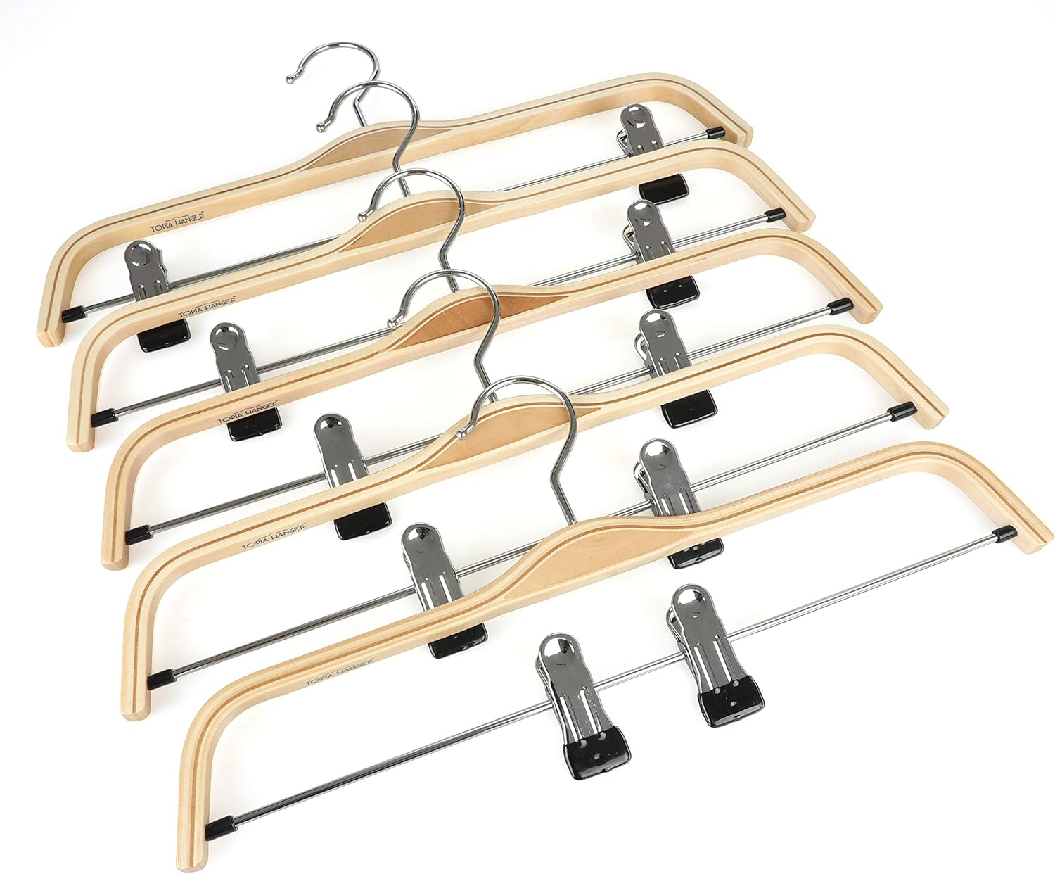 TOPIA HANGER Wooden Pants Hangers,Slim Natural Wood Skirt Hangers with Anti-Rust Hook and Adjustable Metal Clips, Perfect for Skirts, Pants, Slacks-10 Pack-CT17N - Image 4