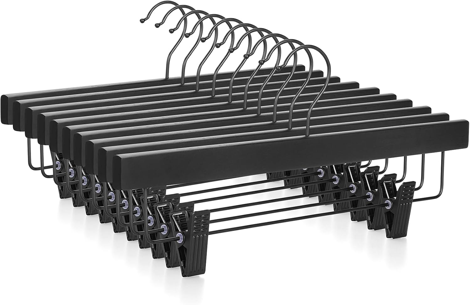 TOPIA HANGER Wooden Pants Hangers 10 Pack, Black Skirt Hangers with Clips and Rotatable Hook, Durable Natural Rubber Wood Organizer for Skirts, Pants, Jeans, Shorts - CTS02B - Image 1
