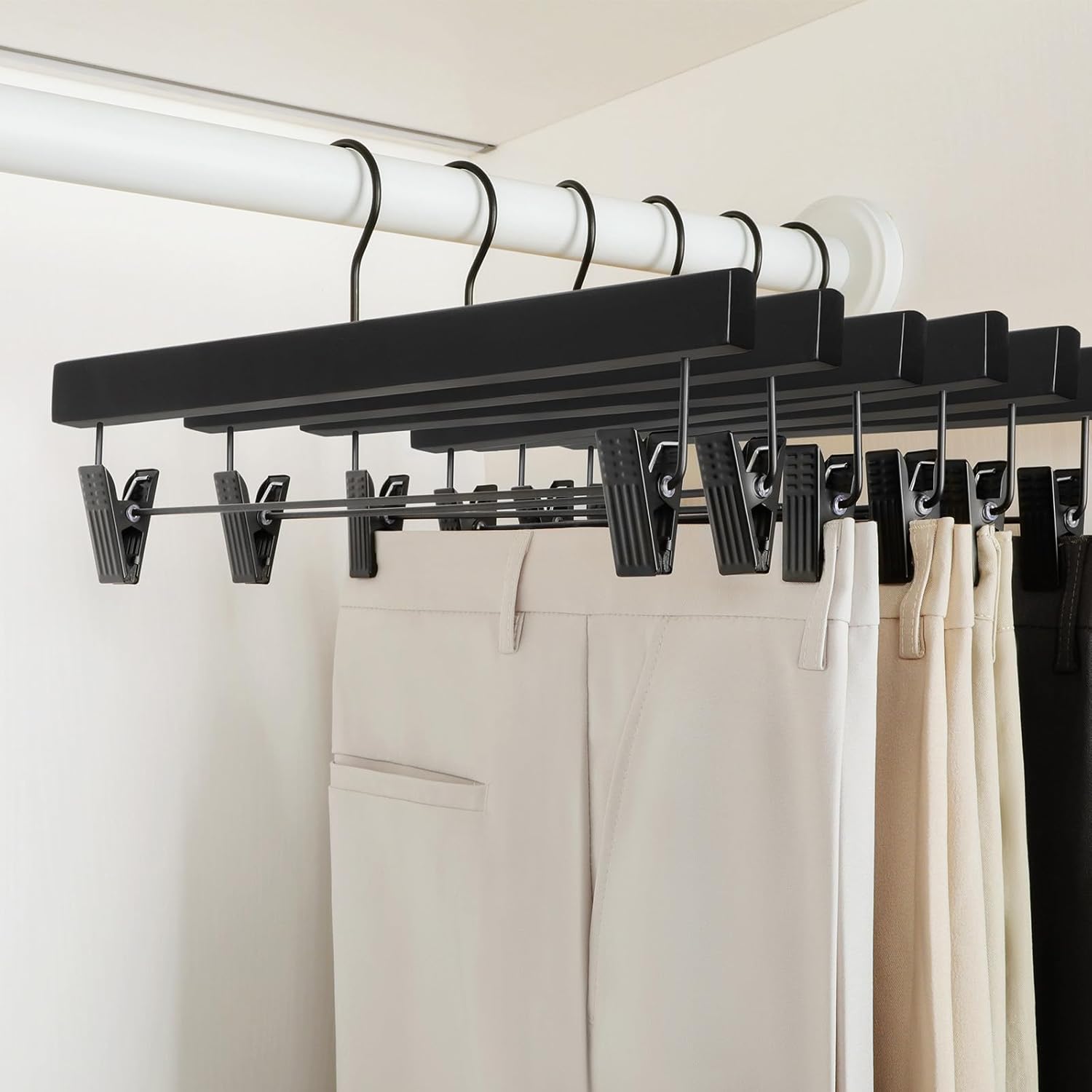 TOPIA HANGER Wooden Pants Hangers 10 Pack, Black Skirt Hangers with Clips and Rotatable Hook, Durable Natural Rubber Wood Organizer for Skirts, Pants, Jeans, Shorts - CTS02B - Image 2