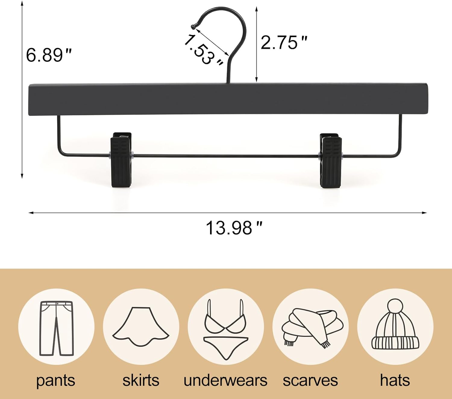 TOPIA HANGER Wooden Pants Hangers 10 Pack, Black Skirt Hangers with Clips and Rotatable Hook, Durable Natural Rubber Wood Organizer for Skirts, Pants, Jeans, Shorts - CTS02B - Image 3