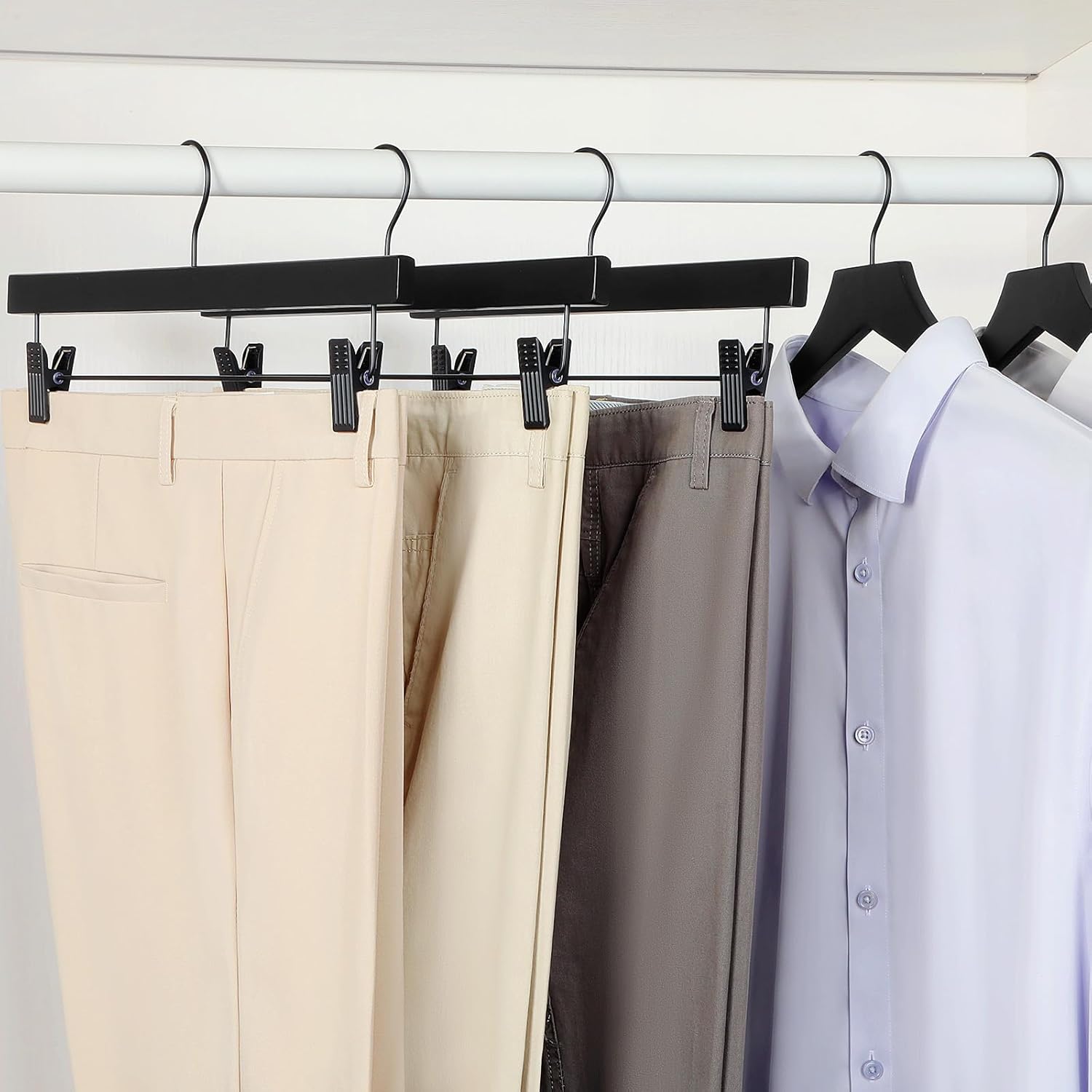 TOPIA HANGER Wooden Pants Hangers 10 Pack, Black Skirt Hangers with Clips and Rotatable Hook, Durable Natural Rubber Wood Organizer for Skirts, Pants, Jeans, Shorts - CTS02B - Image 4
