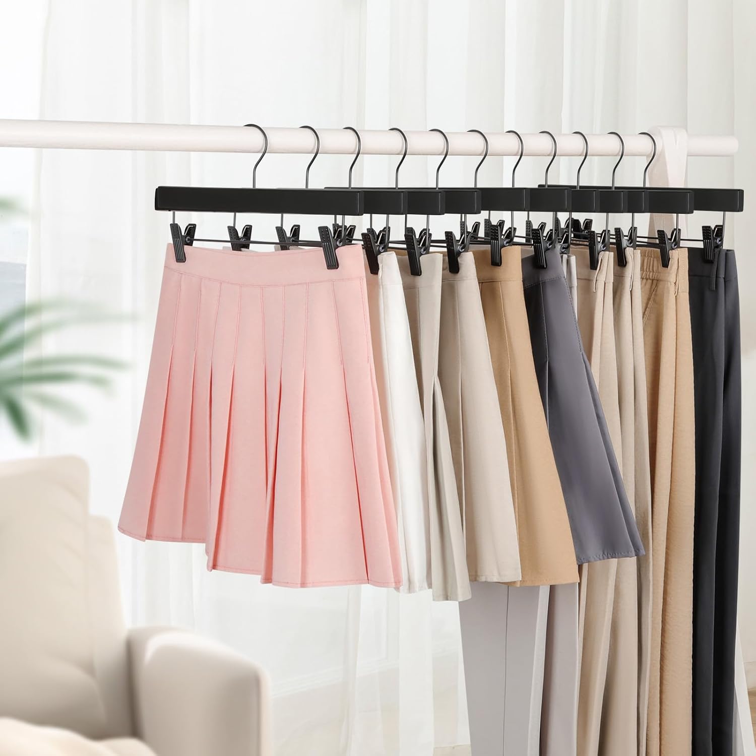 TOPIA HANGER Wooden Pants Hangers 10 Pack, Black Skirt Hangers with Clips and Rotatable Hook, Durable Natural Rubber Wood Organizer for Skirts, Pants, Jeans, Shorts - CTS02B - Image 5