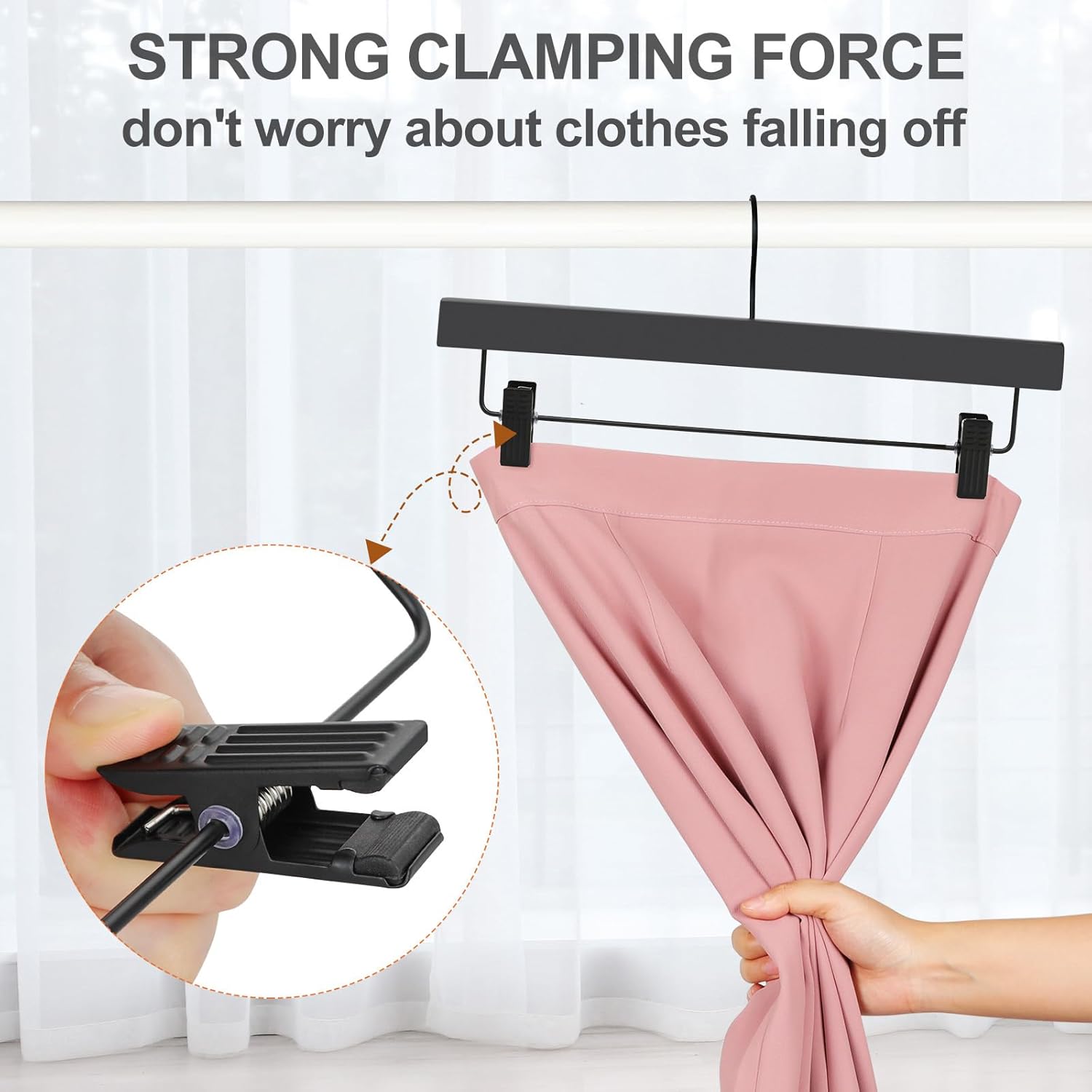 TOPIA HANGER Wooden Pants Hangers 10 Pack, Black Skirt Hangers with Clips and Rotatable Hook, Durable Natural Rubber Wood Organizer for Skirts, Pants, Jeans, Shorts - CTS02B - Image 6