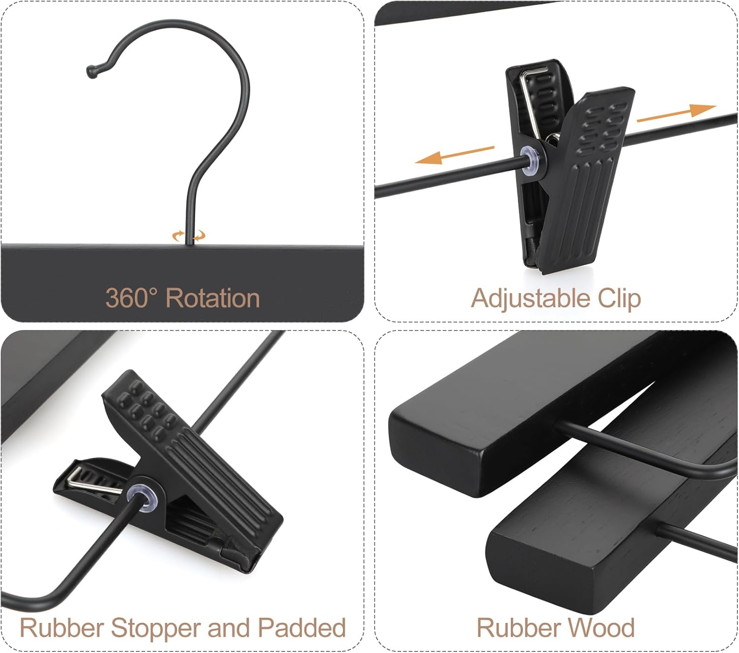 TOPIA HANGER Wooden Pants Hangers 10 Pack, Black Skirt Hangers with Clips and Rotatable Hook, Durable Natural Rubber Wood Organizer for Skirts, Pants, Jeans, Shorts - CTS02B - Image 7