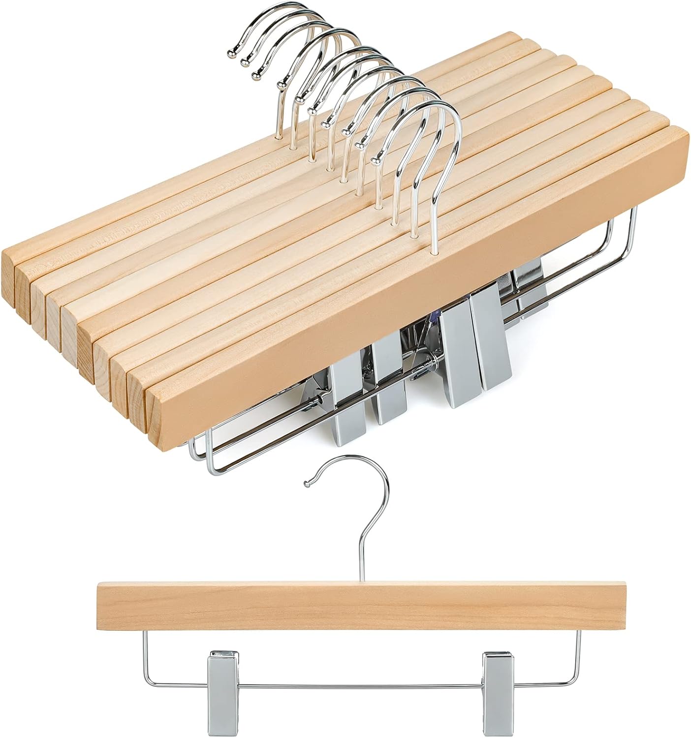 TOPIA HANGER 11.8'' Unfinished/Natural Wooden Pants Skirt Hangers for Kids Baby Toddler Children, Extra Thick Chrome Hooks & Anti-Wrinkle Premium Flat Clips 10 Pack CT09PN - Image 1