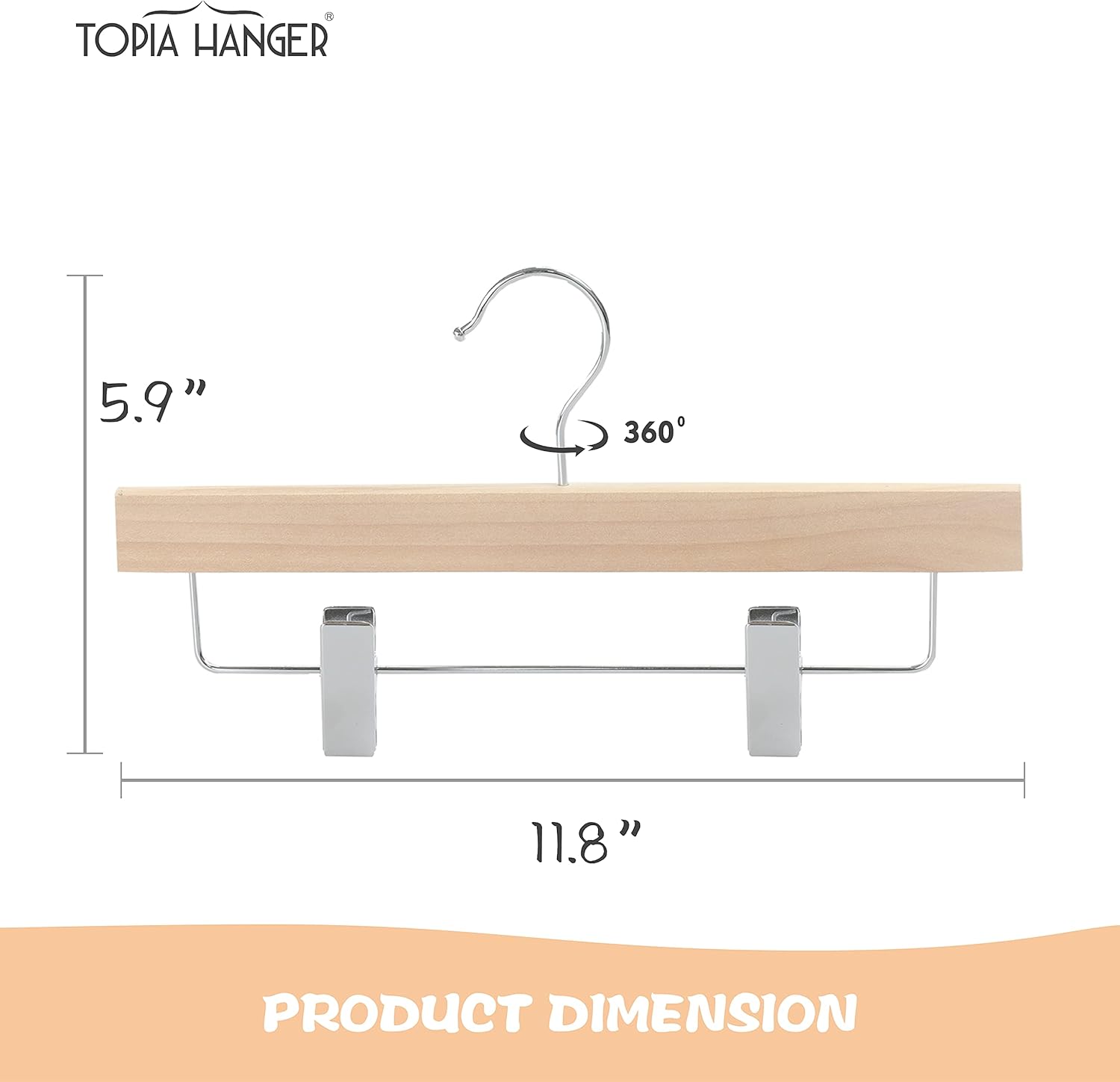 TOPIA HANGER 11.8'' Unfinished/Natural Wooden Pants Skirt Hangers for Kids Baby Toddler Children, Extra Thick Chrome Hooks & Anti-Wrinkle Premium Flat Clips 10 Pack CT09PN - Image 2