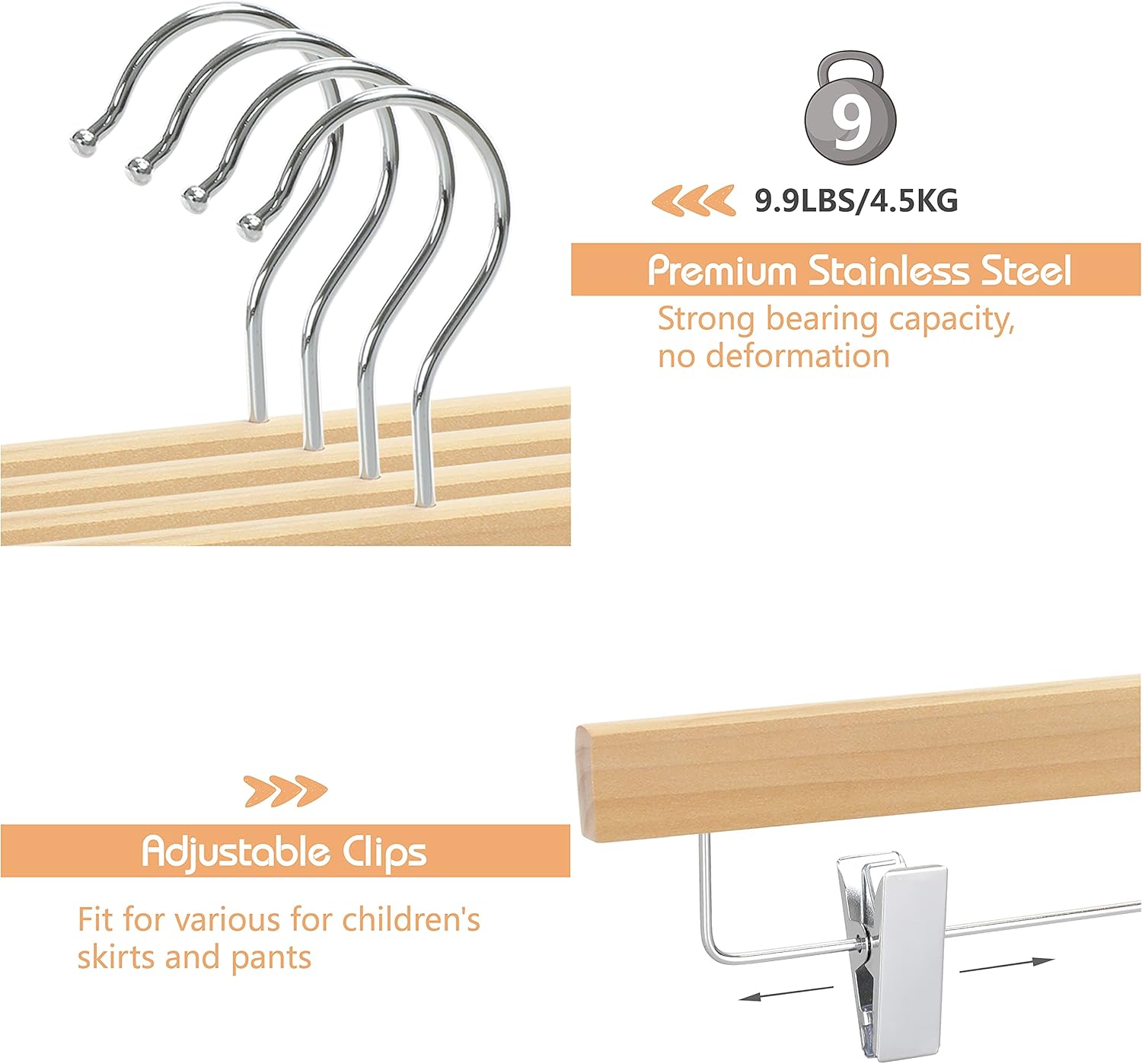 TOPIA HANGER 11.8'' Unfinished/Natural Wooden Pants Skirt Hangers for Kids Baby Toddler Children, Extra Thick Chrome Hooks & Anti-Wrinkle Premium Flat Clips 10 Pack CT09PN - Image 3