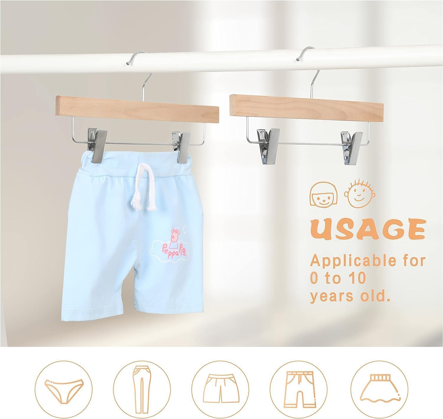 TOPIA HANGER 11.8'' Unfinished/Natural Wooden Pants Skirt Hangers for Kids Baby Toddler Children, Extra Thick Chrome Hooks & Anti-Wrinkle Premium Flat Clips 10 Pack CT09PN - Image 4