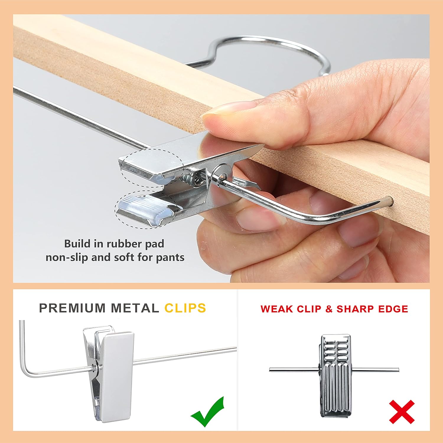 TOPIA HANGER 11.8'' Unfinished/Natural Wooden Pants Skirt Hangers for Kids Baby Toddler Children, Extra Thick Chrome Hooks & Anti-Wrinkle Premium Flat Clips 10 Pack CT09PN - Image 5