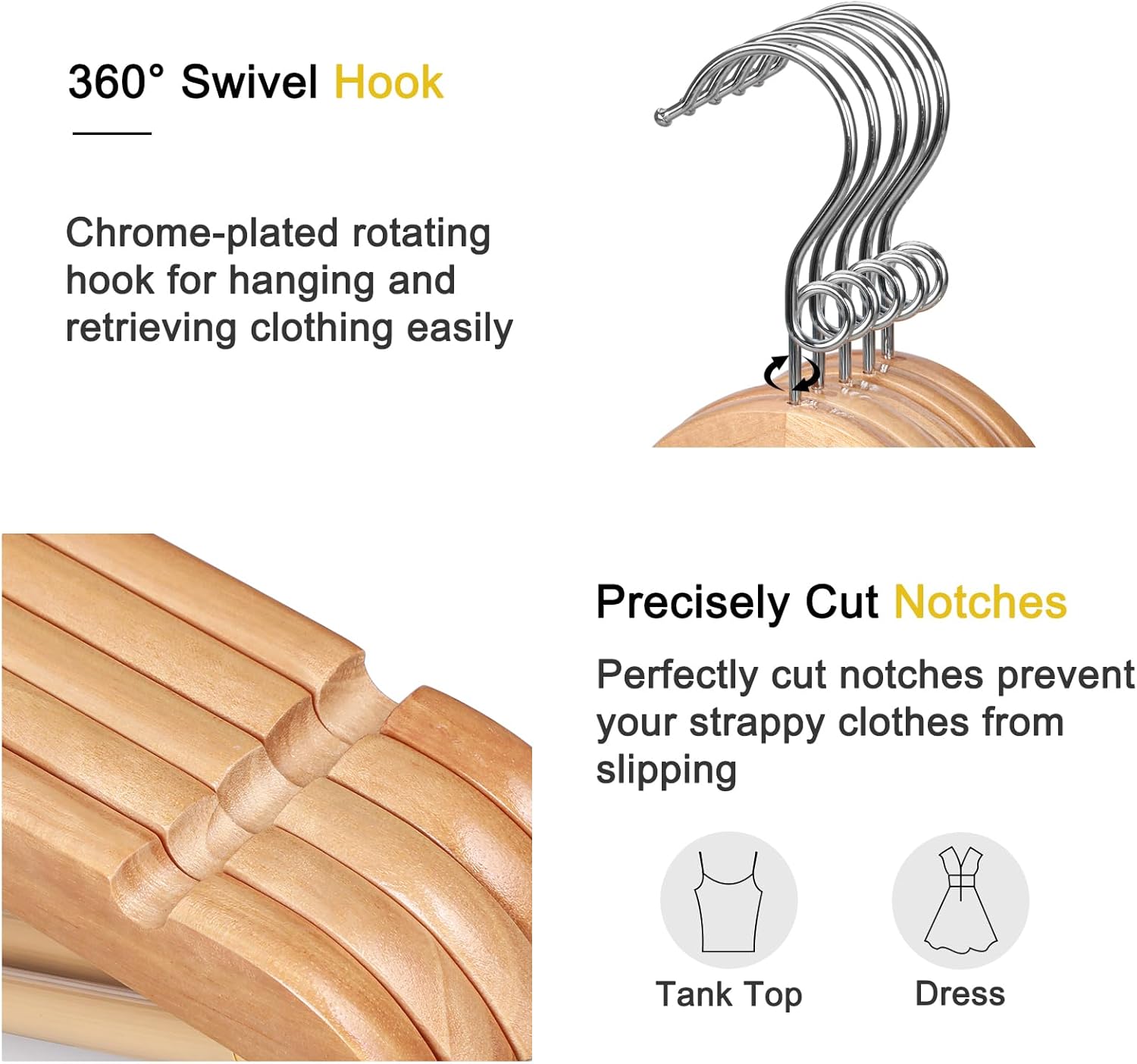 TOPIA HANGER Wooden Hangers 30 Pack, Space Saving Coat Hanger with 360° Swivel Cascading Ring Hook, Non Slip Pants Bar and Shoulder Notches for Camisole, Jacket, Suit, Clothes Hangers -CT62N30 - Image 2