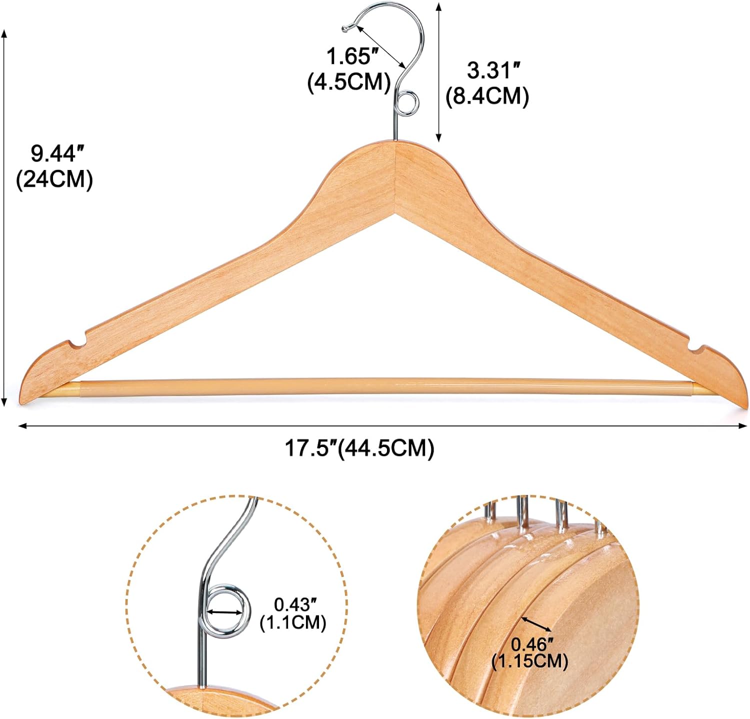 TOPIA HANGER Wooden Hangers 30 Pack, Space Saving Coat Hanger with 360° Swivel Cascading Ring Hook, Non Slip Pants Bar and Shoulder Notches for Camisole, Jacket, Suit, Clothes Hangers -CT62N30 - Image 3