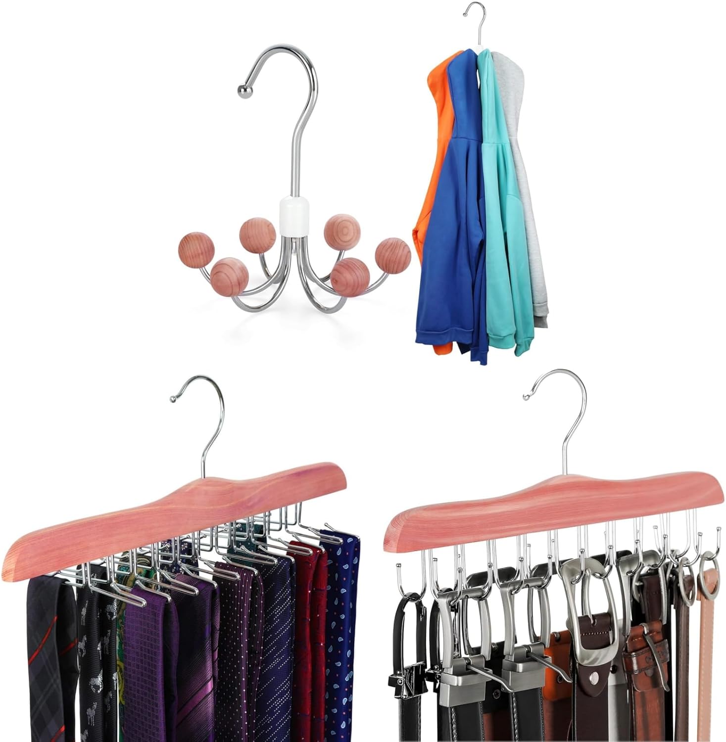 TOPIA HANGER Cedar Wood Hoodie Storage, Tie Rack, Belt Hanger, 360°Swivel Hanger - Image 1