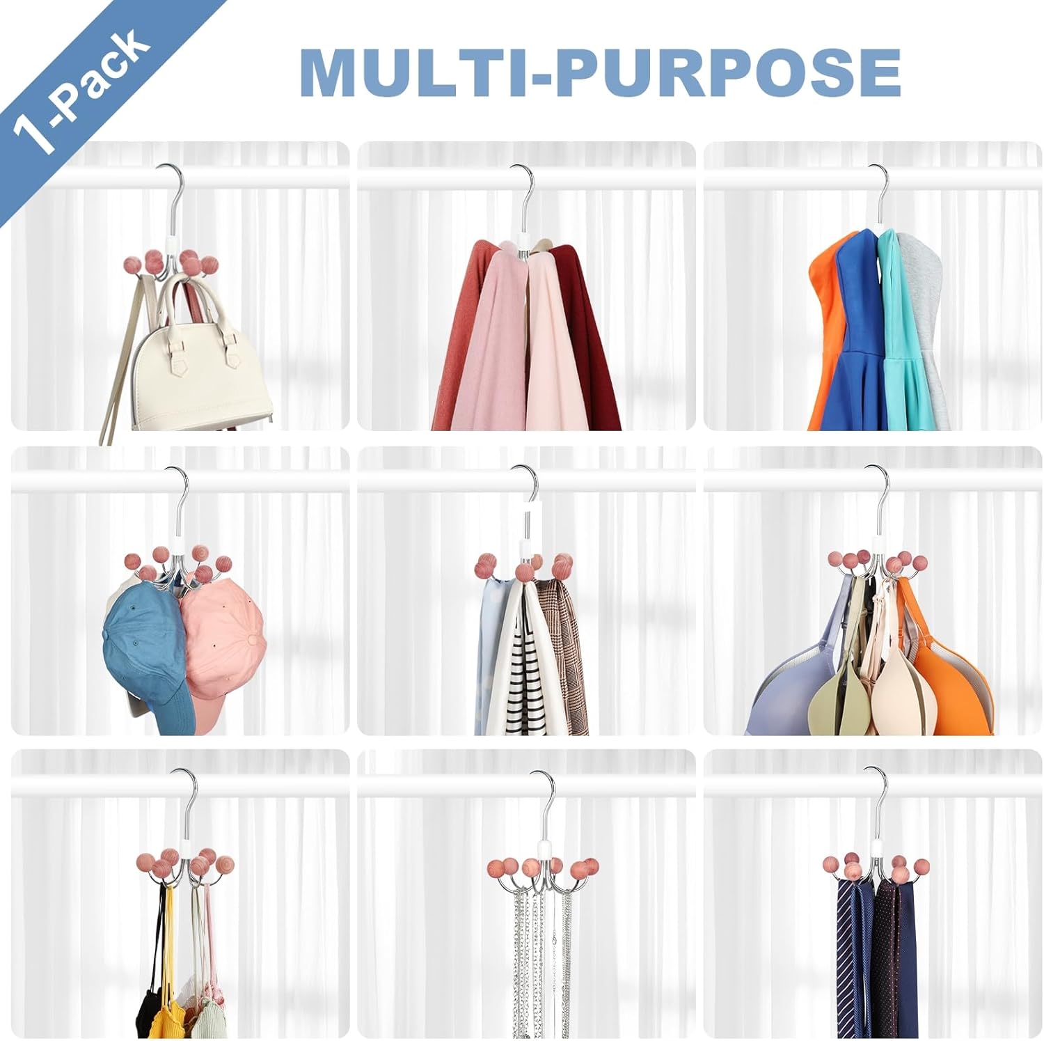 TOPIA HANGER Hoodie Hanger with 6 WOD Balls, 360°Swivel Purse Rack, Scarf Hangers, Closet Hooks, Handbag Organizer, Bra Organizer, Accessory Organizers for Scarf, Tanktop, Hat, Hoodie CT56 - Image 4
