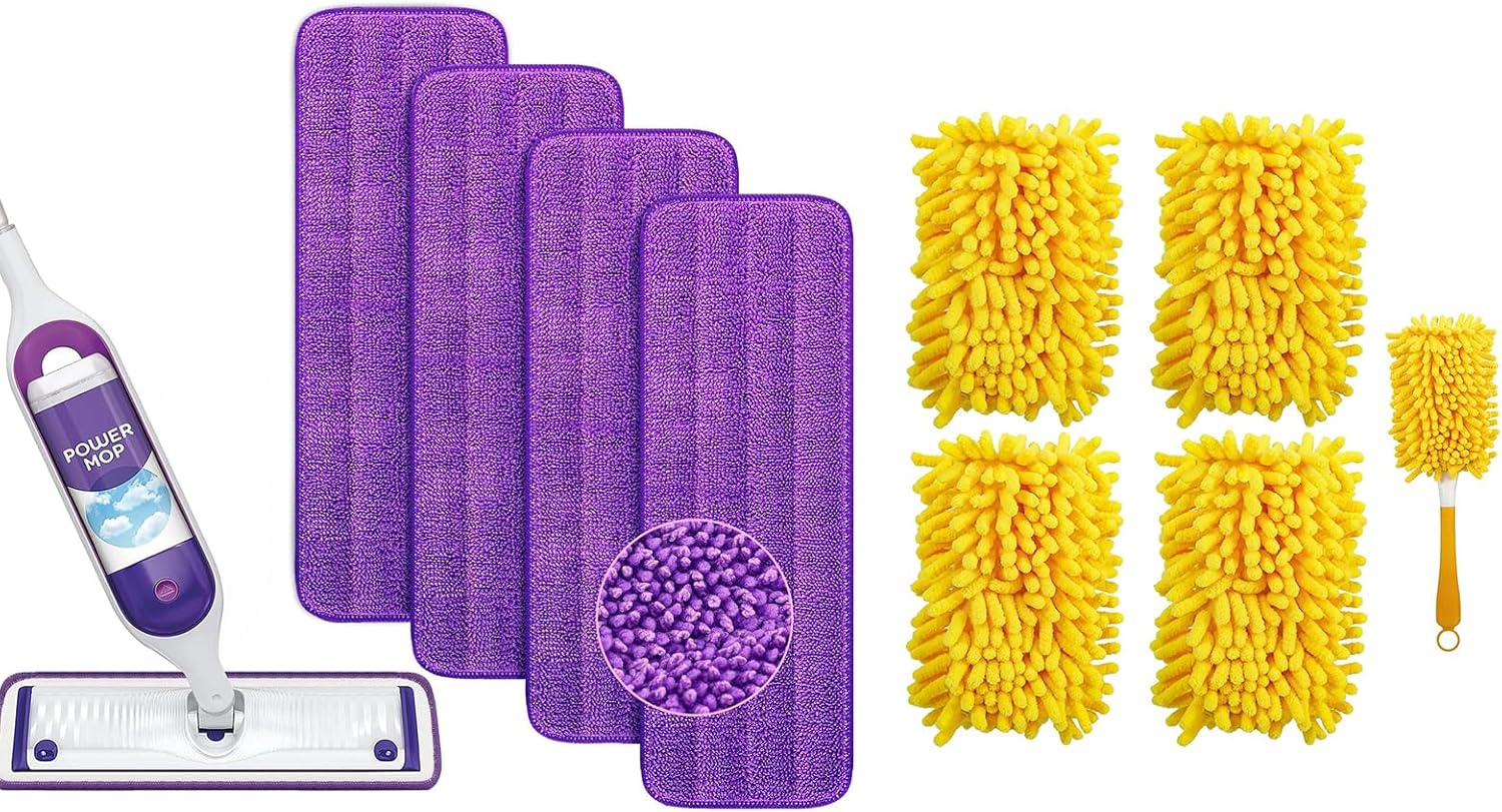 Reusable Power Mop Refills Pads Compatible with Swiffer PowerMop Mop 4 Pack & Reusable Duster Refill Compatible with Swiffer Hand Duster 4 Pack(Handle is Not Included) - Image 1