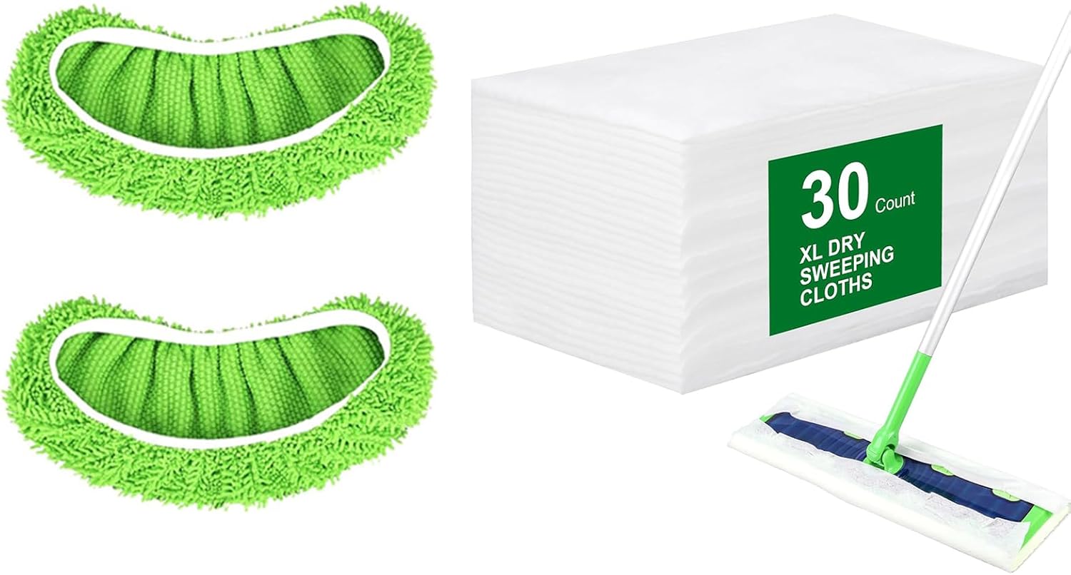 30 Count Disposable XL Dry Sweeping Cloths + 2 Pack Reusable Microfiber Mop Pads for Swiffer Sweeper XL Mop (Mop is not Included) - Image 1