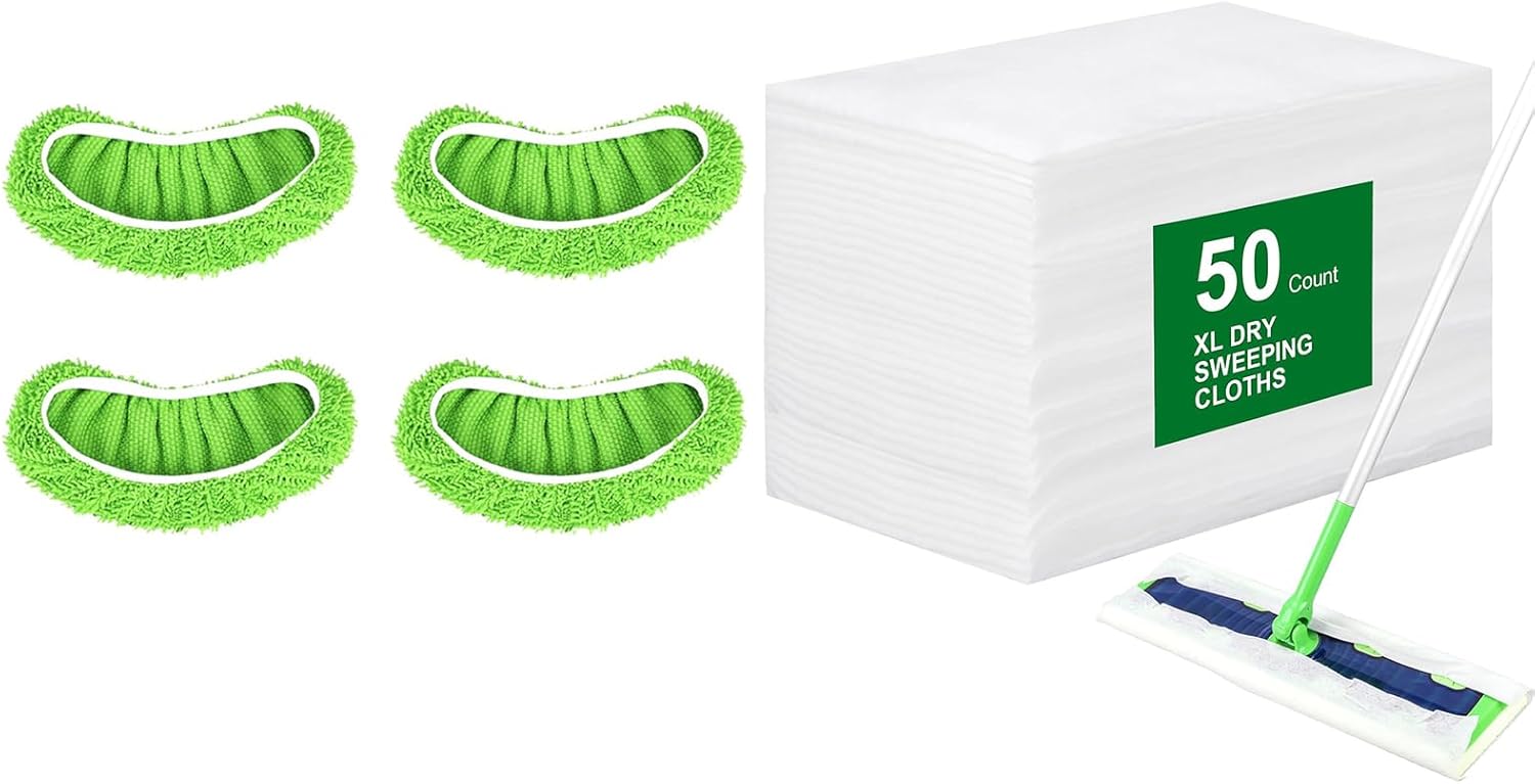50 Count Disposable XL Dry Sweeping Cloths + 4 Pack Reusable Microfiber Mop Pads for Swiffer Sweeper XL Mop (Mop is not Included) - Image 1