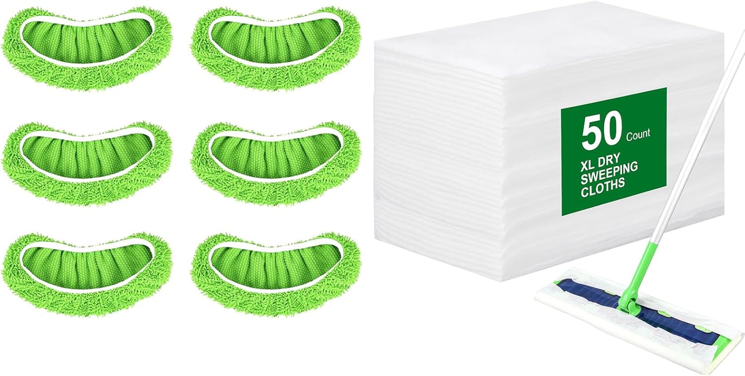 50 Count Disposable XL Dry Sweeping Cloths + 6 Pack Reusable Microfiber Mop Pads for Swiffer Sweeper XL Mop (Mop is not Included) - Image 1