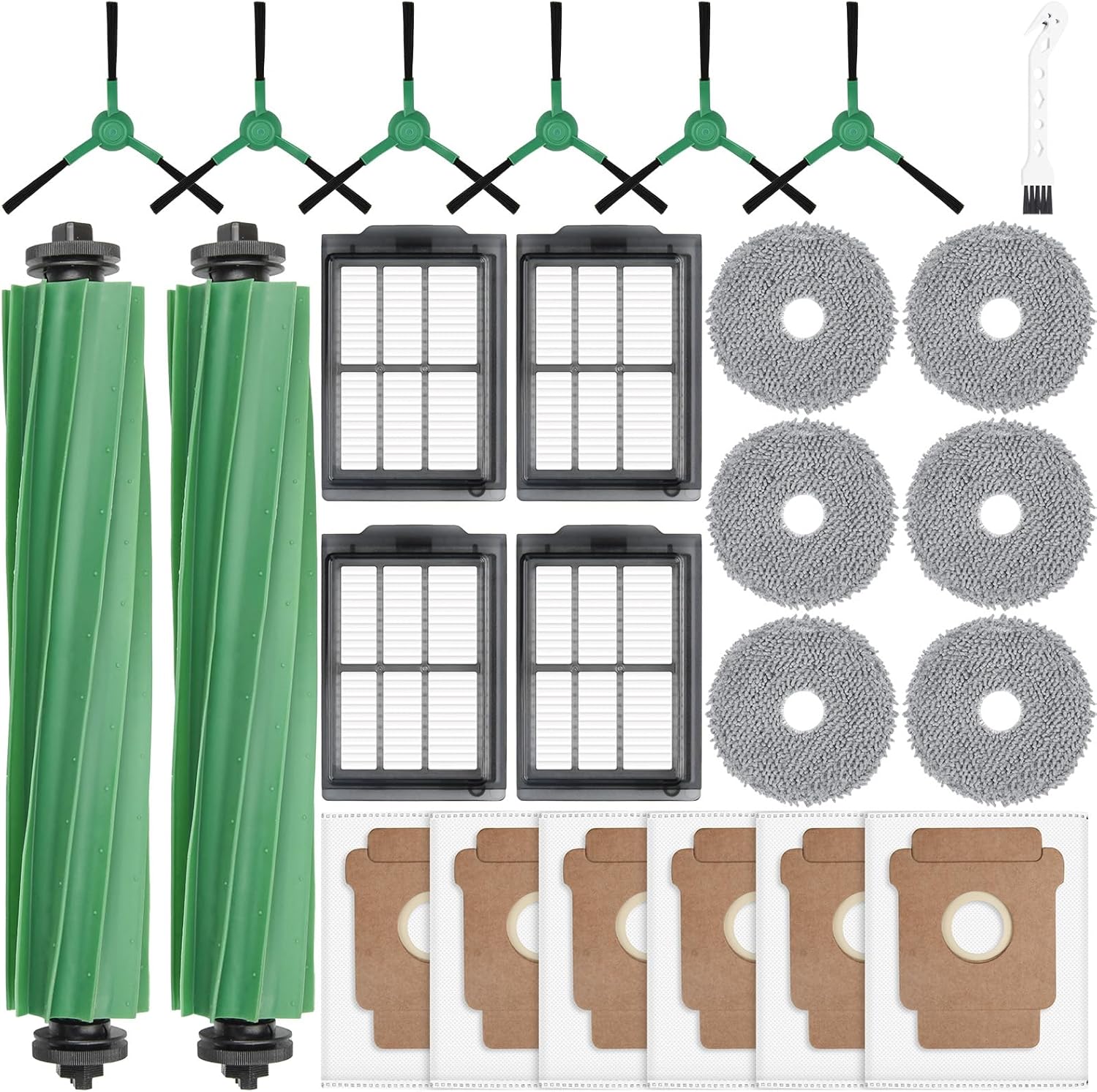 25 Pcs Replacement Parts for iRobot Roomba Plus 405 Combo/505 Combo /507 Combo Robot Vacuum Cleaner, Include 2 Main Brushes, 6 Dust Bags, 6 Mop Pads, 4 Filters, 6 Side Brushes and 1 Cleaning Tool - Image 1