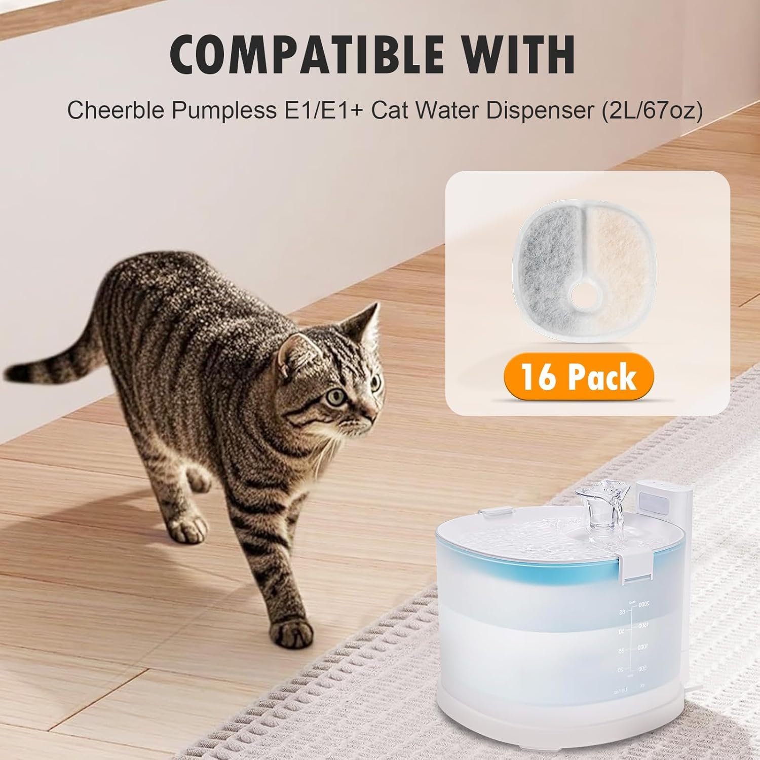 Filter Replacements Compatible with E1/E1+ Cat Fountain (2L/67oz), 16 Pack refills of 1 Year Set for Pet Water Fountain - Image 2