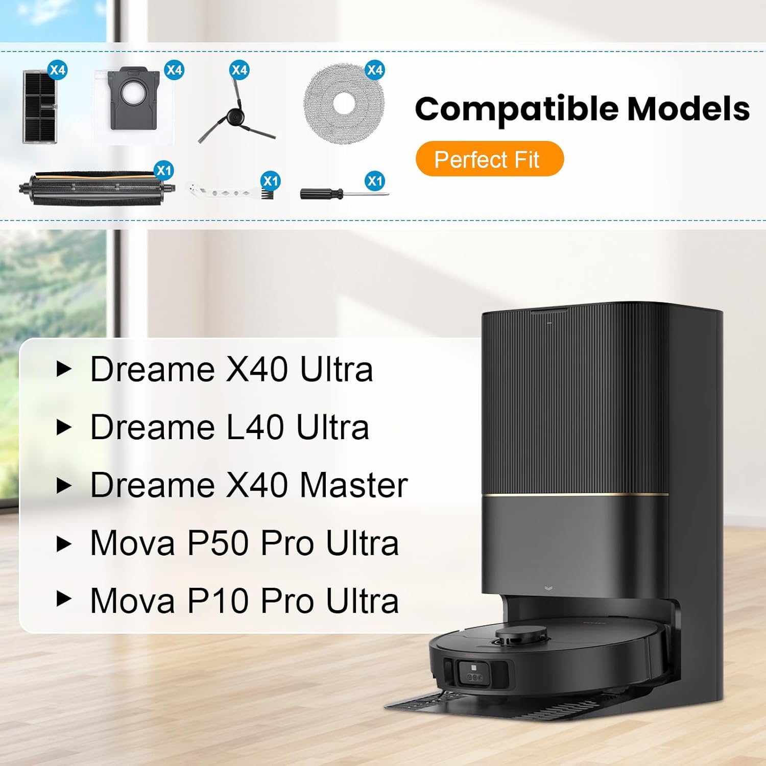 19 Pcs TriCut Brush Accessories Kit for Dreame X40 Ultra/X40 Master/L40 Ultra/Mova P10 Pro Ultra/Mova P50 Pro Ultra, include 1 Brush, 4 Dust Bags, 4 Filters, 4 Mop Pads, 4 Side Brushes, 2 Tools - Image 2