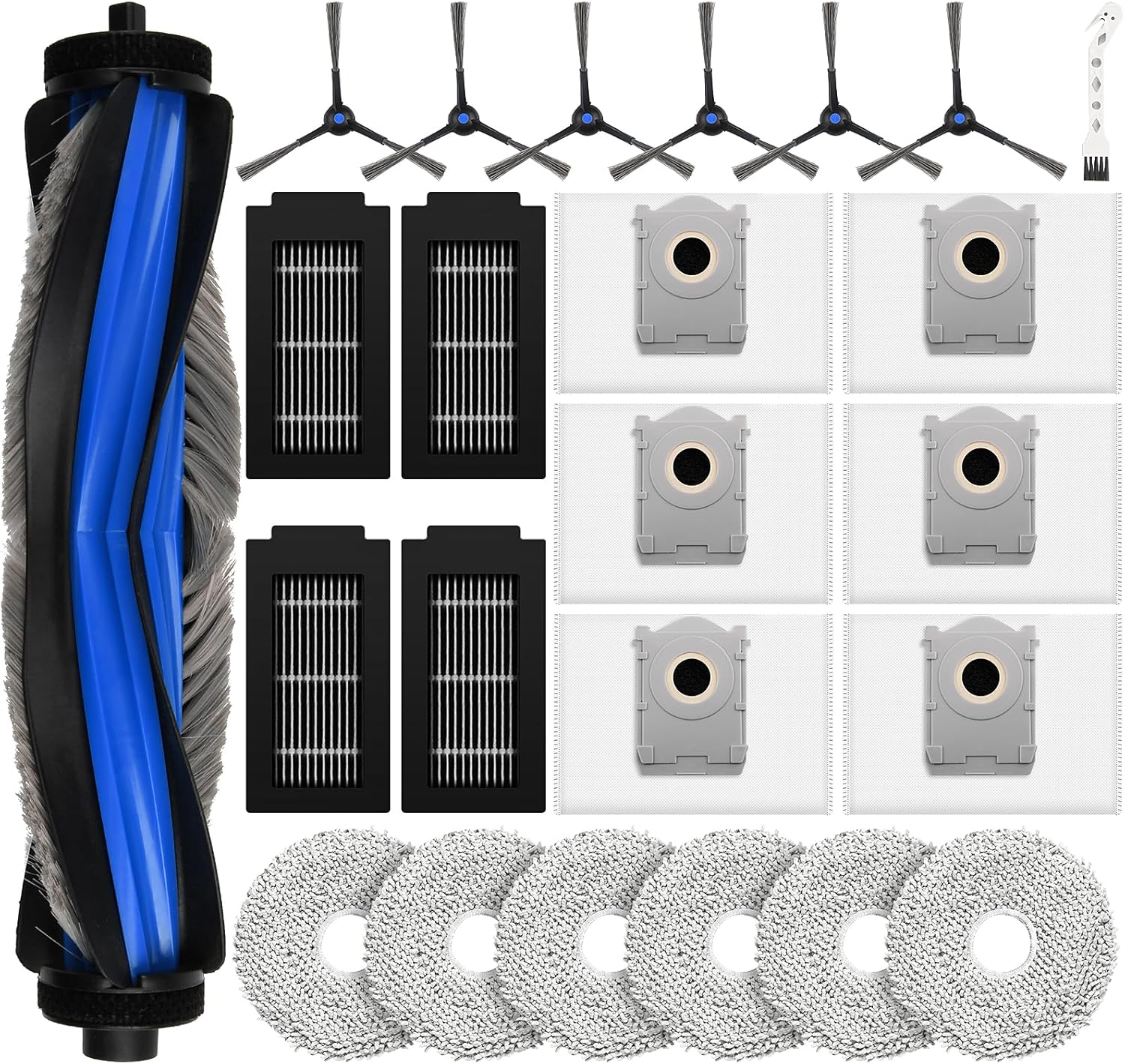 24 Pcs Replacement Parts for Ecovacs Deebot T50 Pro Omni / T50 Pro Omni Gen2 / T50 Omni Robot Vacuum, Include 1 Main Brush, 6 Dust Bags, 4 Filters, 6 Side Brushes, 6 Mop Pads and 1 Cleaning Tool - Image 1