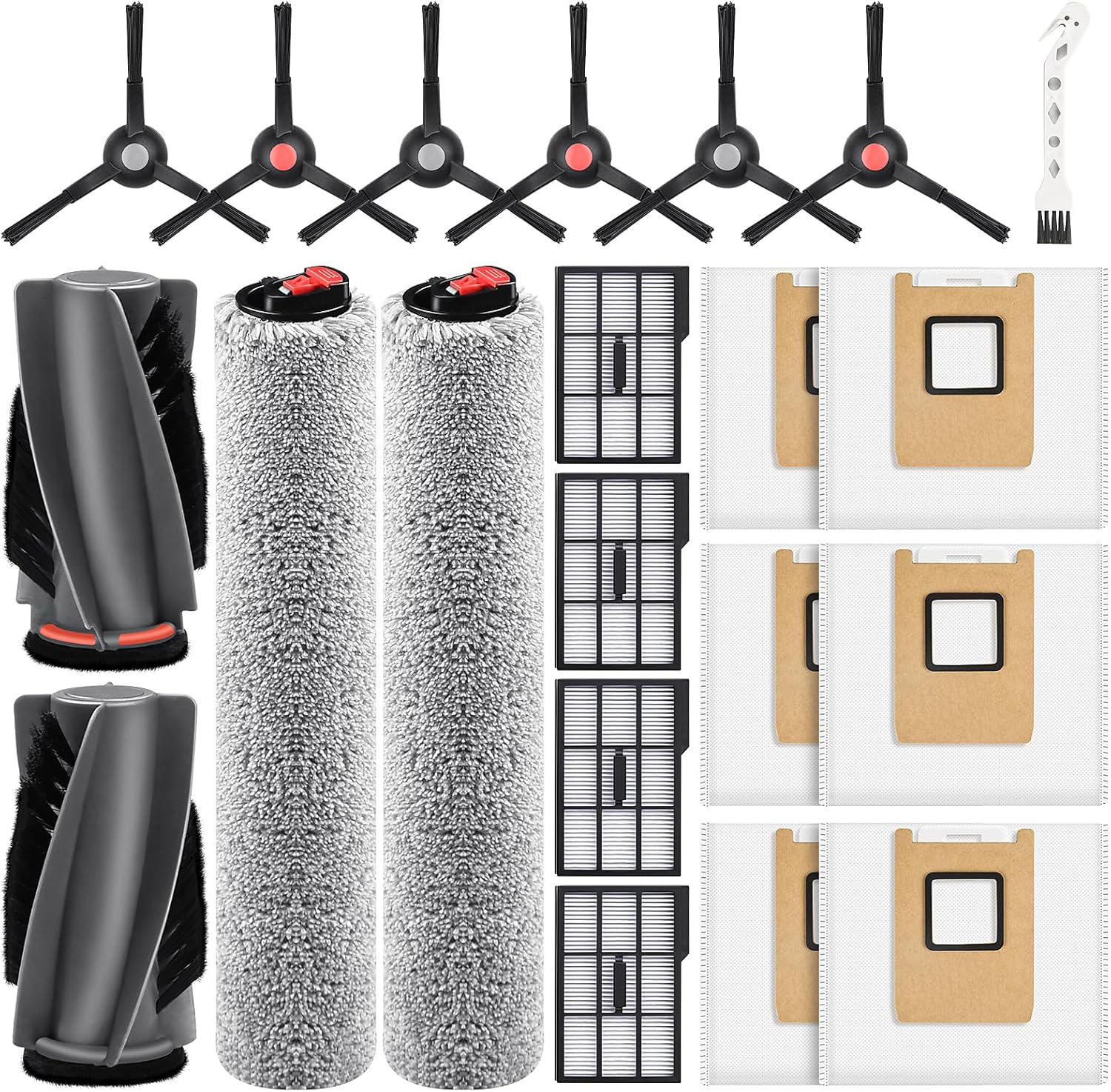 21 Pack Accessories Kit Compatible with eufy E28 Omni / E25 Omni Robot Vacuum, Replacement Parts include 1 Set(2) Main Brushes, 6 Dust Bags, 4 Filters, 2 Roller Mops, 6 Side Brushes, 1 Cleaning Tool - Image 1