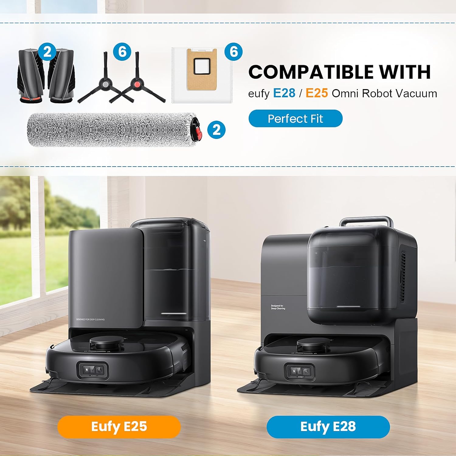 Accessories Kit Compatible with eufy E28 Omni / E25 Omni Robot Vacuum, Replacement Parts Include 1 Set (2) Main Brushes, 6 Dust Bags, 2 Roller Mops, 6 Side Brushes, 1 Cleaning Tool - Image 2