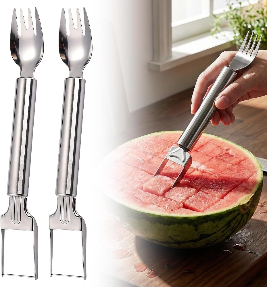 2-in-1 Stainless Steel Fruit Cutter, Upgraded Watermelon Slicer Tool, Portable Fruit Forks for Home, Kitchen and Camping (2 Pcs) - Image 1