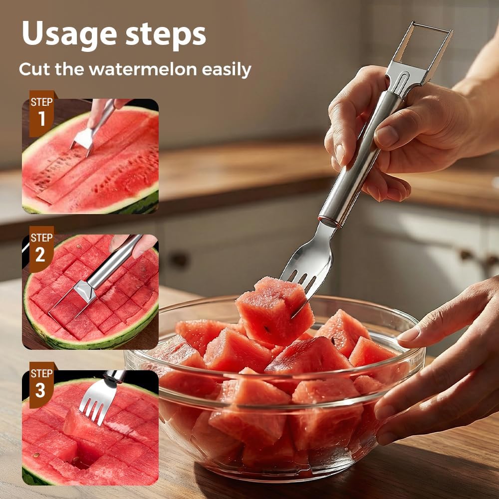 2-in-1 Stainless Steel Fruit Cutter, Upgraded Watermelon Slicer Tool, Portable Fruit Forks for Home, Kitchen and Camping (2 Pcs) - Image 8
