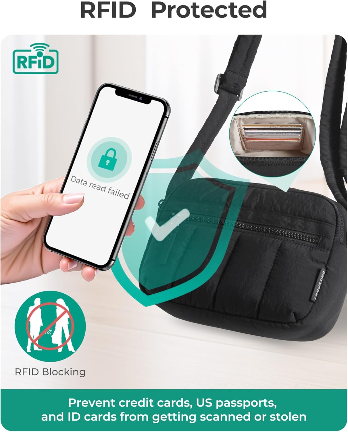 Cross Body Purse, Mini Crossbody Bags for Women Travel Purse, Puffy Shoulder Handbag Wallet with RFID Blocking Slots, Black-small - Image 5