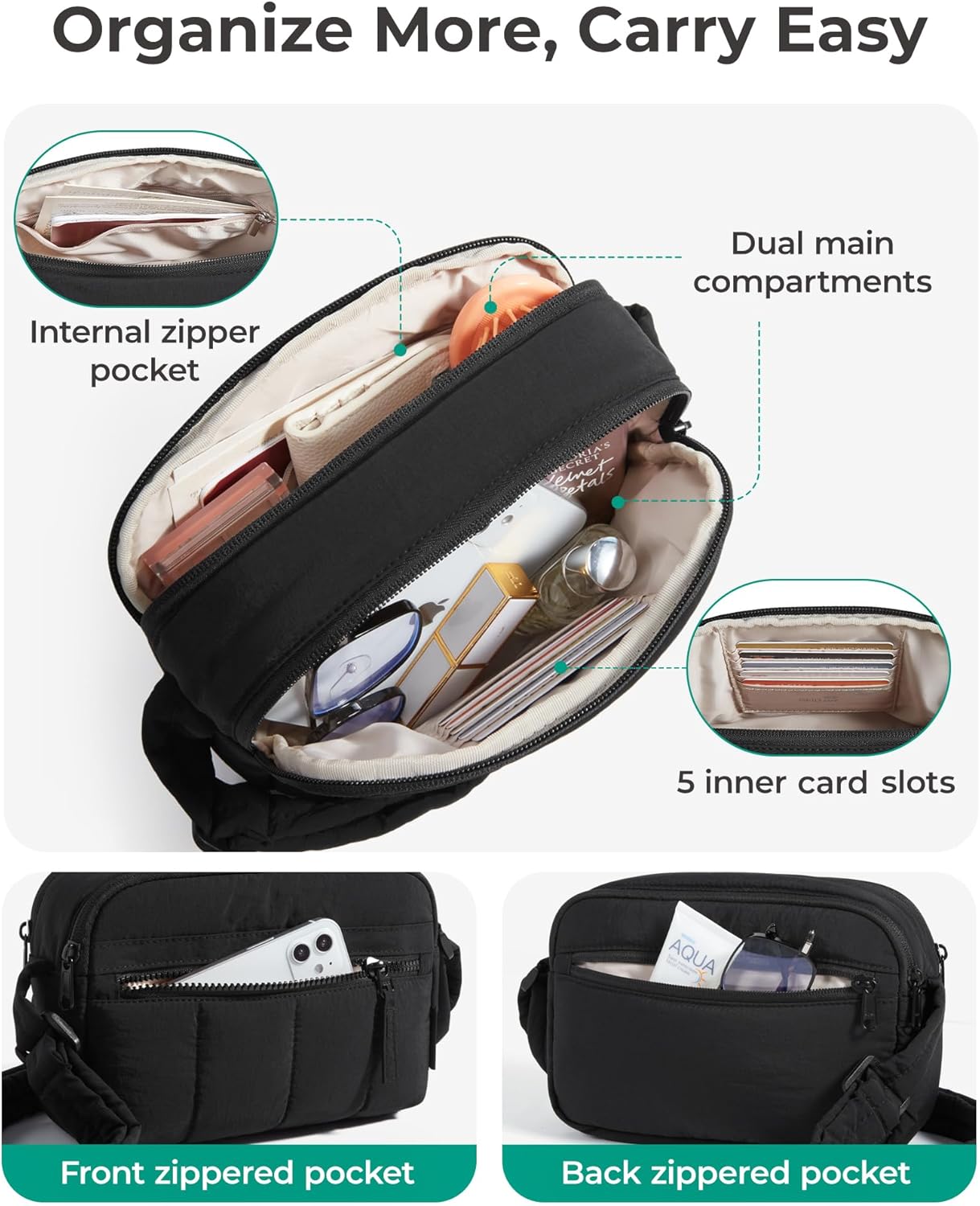 Cross Body Purse, Mini Crossbody Bags for Women Travel Purse, Puffy Shoulder Handbag Wallet with RFID Blocking Slots, Black-small - Image 6