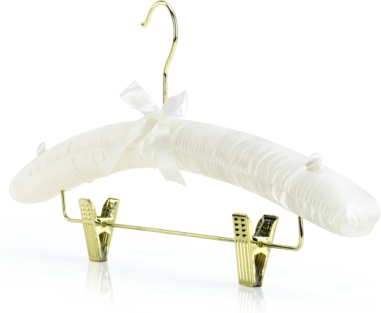 HANGERWORLD Pack of 5 Ivory Satin Padded Hangers with Clips for Skirts, Pants & Sweaters with Non-Slip Buttons, Pretty Hanger for Women Clothing - 17 Inch - Image 1