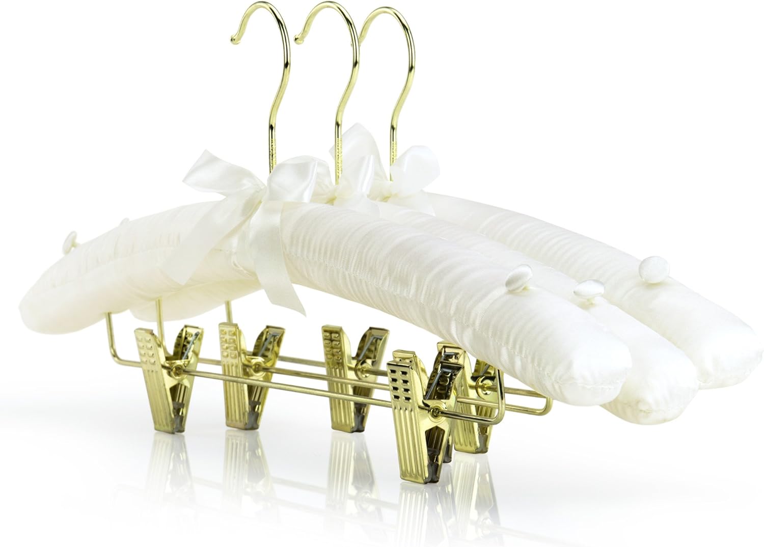 HANGERWORLD Pack of 5 Ivory Satin Padded Hangers with Clips for Skirts, Pants & Sweaters with Non-Slip Buttons, Pretty Hanger for Women Clothing - 17 Inch - Image 2