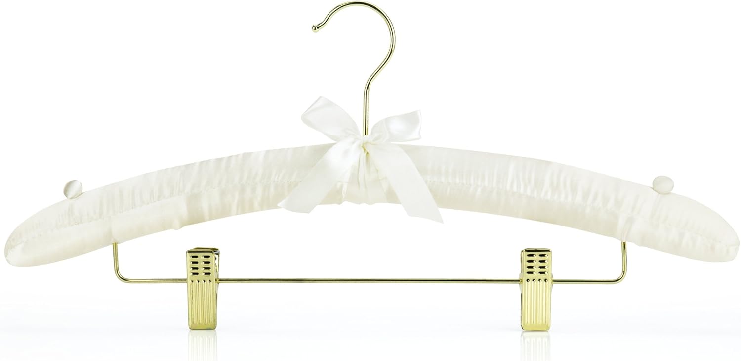 HANGERWORLD Pack of 5 Ivory Satin Padded Hangers with Clips for Skirts, Pants & Sweaters with Non-Slip Buttons, Pretty Hanger for Women Clothing - 17 Inch - Image 3