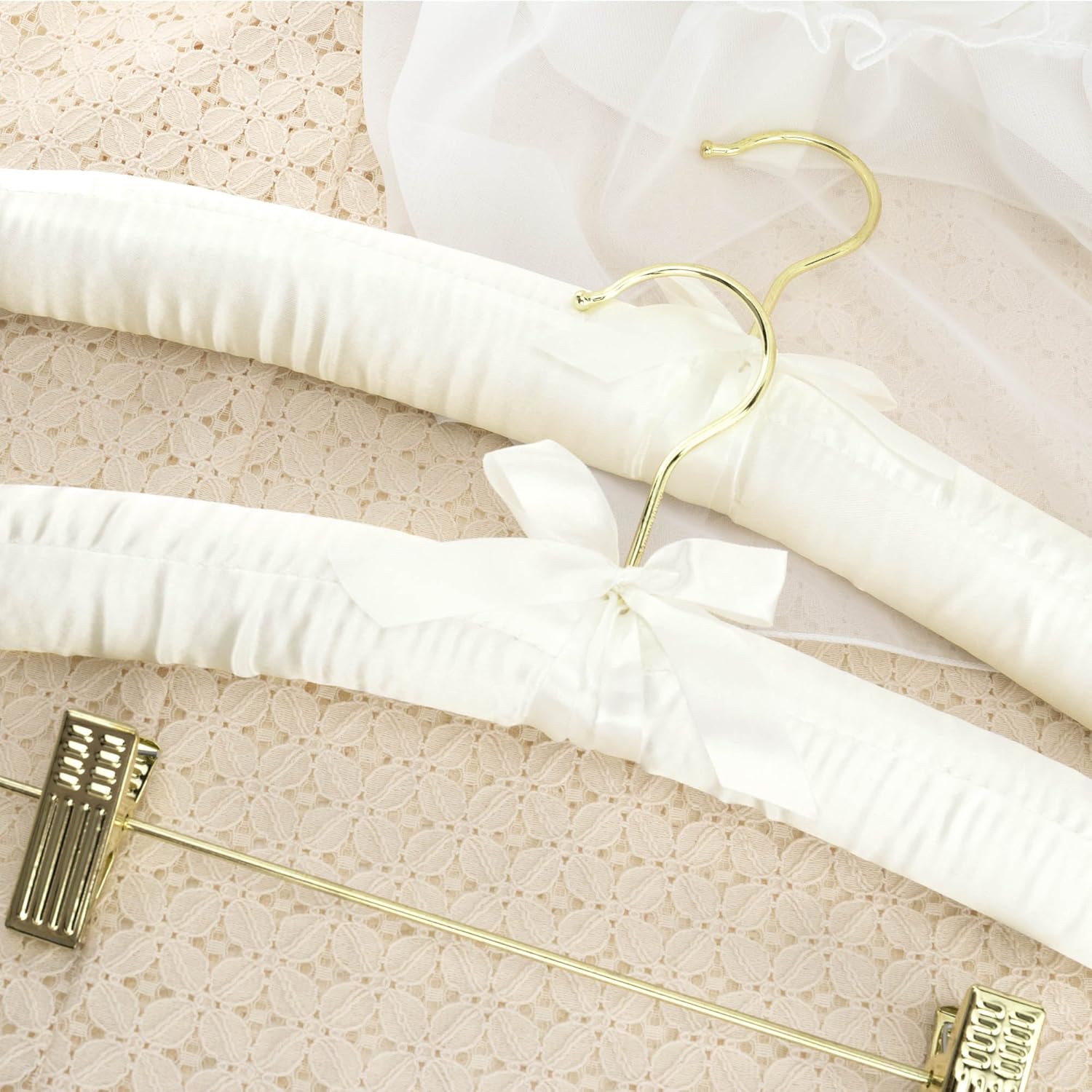 HANGERWORLD Pack of 5 Ivory Satin Padded Hangers with Clips for Skirts, Pants & Sweaters with Non-Slip Buttons, Pretty Hanger for Women Clothing - 17 Inch - Image 6